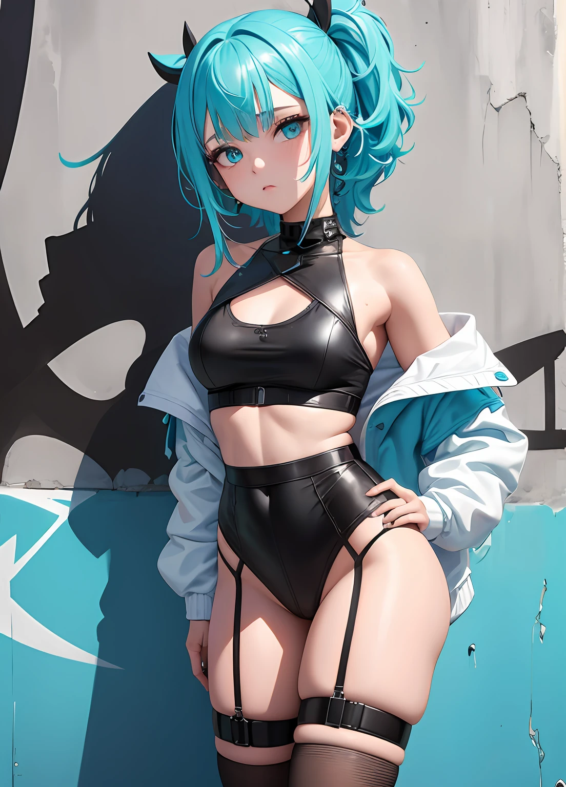 obra-prima, melhor qualidade, 1girl, solo, sem crop top, calcinha branca, gargantilha, (graffiti: 1.5), respingo de tinta, arms behind back, contra a parede, olhando para o espectador, clamp, thigh strap, pintura no corpo, head tilt, entediado, cabelo multicolorido, aqua eyes, fone de ouvido,