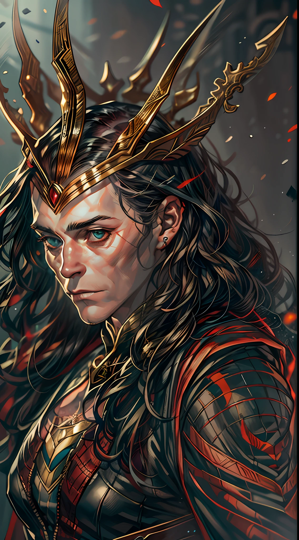 (RAW Photo, Best Quality), (Realistic, Photorealistic Photo: 1.3), Best Quality, Highly Detailed, Masterpiece, Ultra Detailed, Illustration, marvel cinematic universe, marvel, Scarlet Witch + Loki unique combination, Wanda Maximoff, Beautiful girl wears Loki's costume with his 2 horns crown, crown should be look like Loki's crown, dress should be looke like Loki's dress, upper body, high detail on dress and crown, Best Quality, Extremely Detailed CG Unified 8k Wallpaper, Ink, Amazing, badass look, portrait, close up (skin texture), intricately detailed, fine details, hyperdetailed.