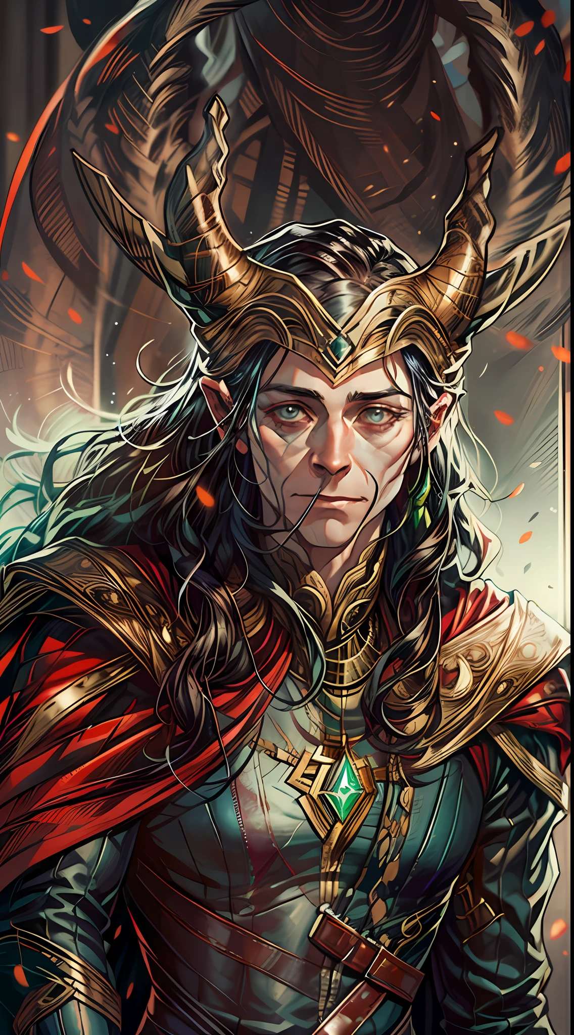 (RAW Photo, Best Quality), (Realistic, Photorealistic Photo: 1.3), Best Quality, Highly Detailed, Masterpiece, Ultra Detailed, Illustration, marvel cinematic universe, marvel, Scarlet Witch + Loki unique combination, Wanda Maximoff, Beautiful girl wears Loki's costume with his 2 horns crown, crown should be look like Loki's crown, dress should be looke like Loki's dress, upper body, high detail on dress and crown, Best Quality, Extremely Detailed CG Unified 8k Wallpaper, Ink, Amazing, badass look, portrait, close up (skin texture), intricately detailed, fine details, hyperdetailed.