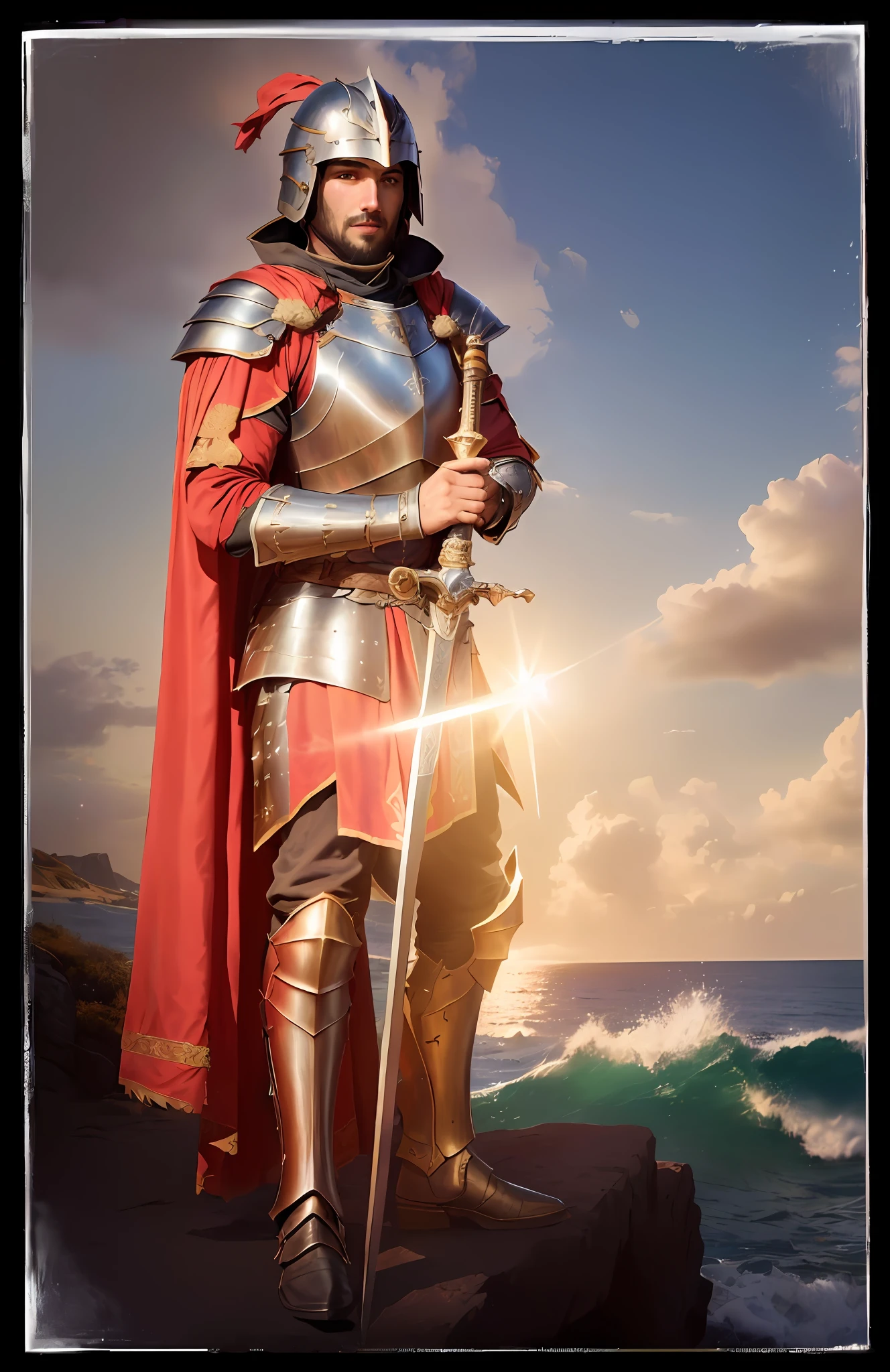 Guerreiro romano antigo, com expressao facial seria, defendendo alguem de um perigo, sem sorriso, serio, in armor standing on a rock with a sword, full portrait of magical knight, vestido com armadura espartana, vestido com armadura leve, cavaleiro medieval cruzado sagrado, Foto do personagem de fantasia, cavaleiro cruzado sagrado medieval, usando armadura pesada com capa, cavaleiro medieval masculino robusto, Paladino masculino, Santo Cruzado Medieval, Arsen Lupin como um paladino