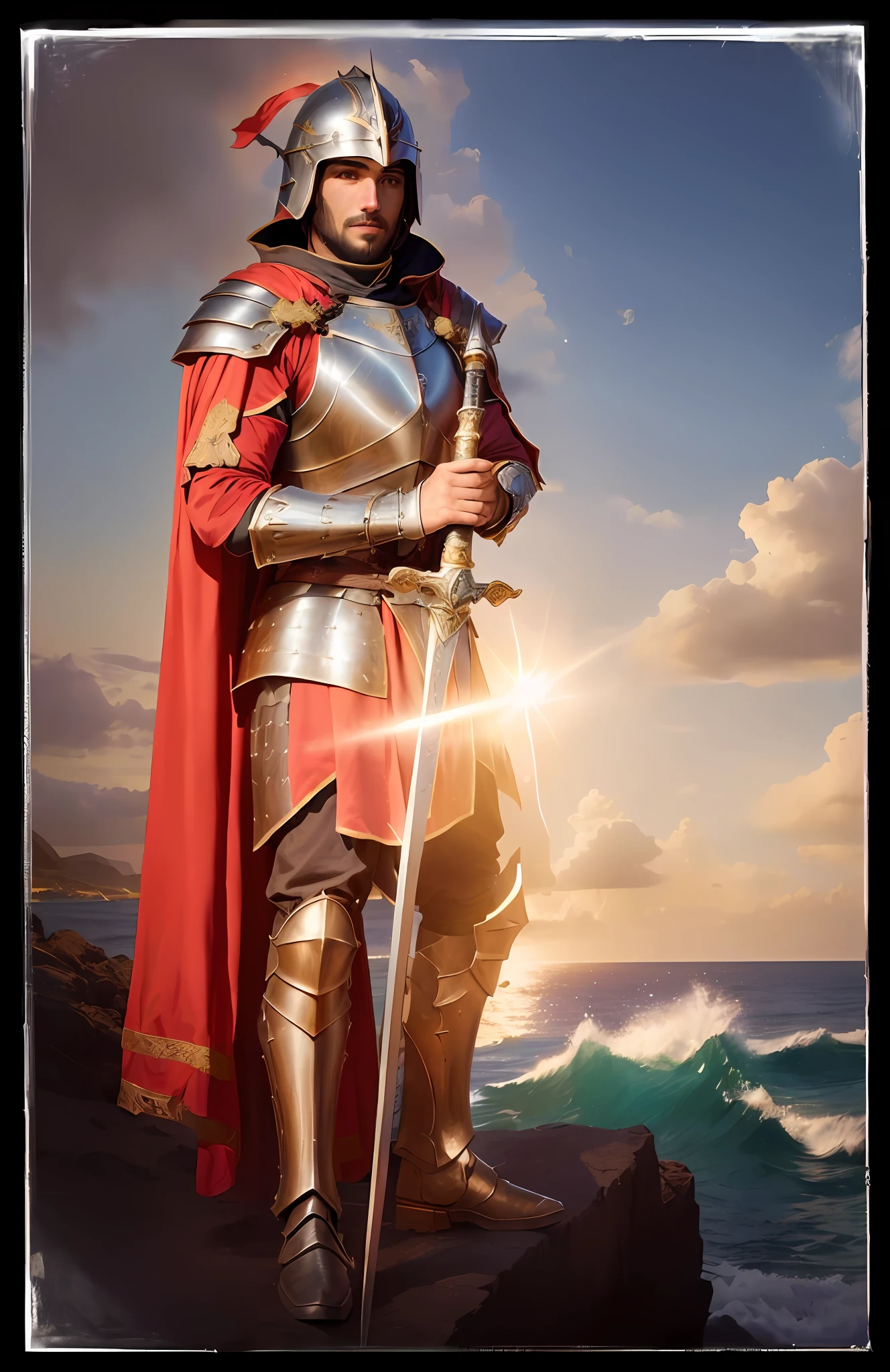 Guerreiro romano antigo, com expressao facial seria, defendendo alguem de um perigo, sem sorriso, serio, in armor standing on a rock with a sword, full portrait of magical knight, vestido com armadura espartana, vestido com armadura leve, cavaleiro medieval cruzado sagrado, Foto do personagem de fantasia, cavaleiro cruzado sagrado medieval, usando armadura pesada com capa, cavaleiro medieval masculino robusto, Paladino masculino, Santo Cruzado Medieval, Arsen Lupin como um paladino