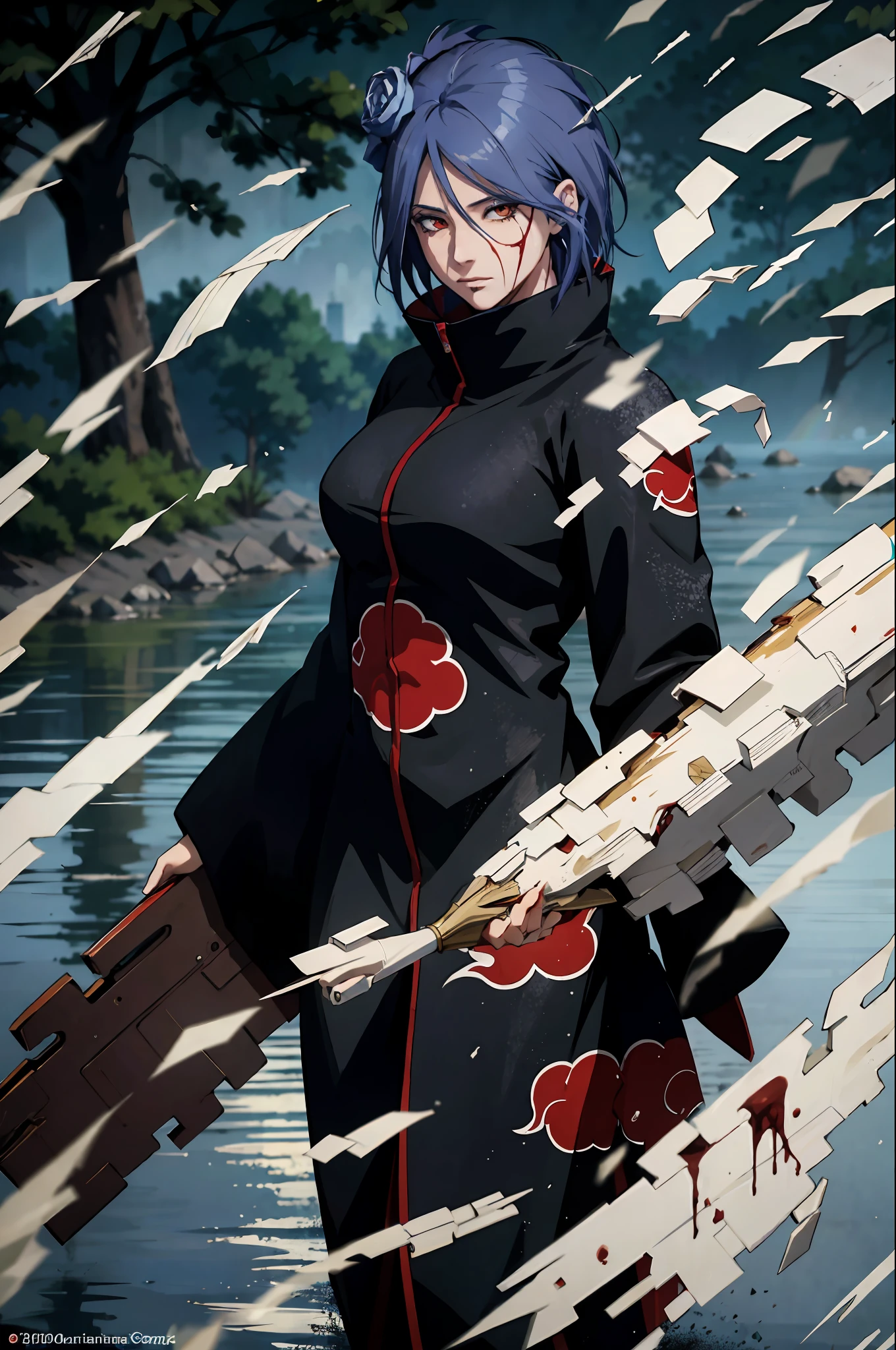 absurdres, (best quality), (masterpiece), (ultra-detailed: 1.2), (photorealistic: 1.1), (highres), 1girl,(injury:1.1),(blood:1.1), konan \(naruto\), (akatsuki outfit:1.1), piercing labret, (paper:1.2), ripples, whirling, rainbow,