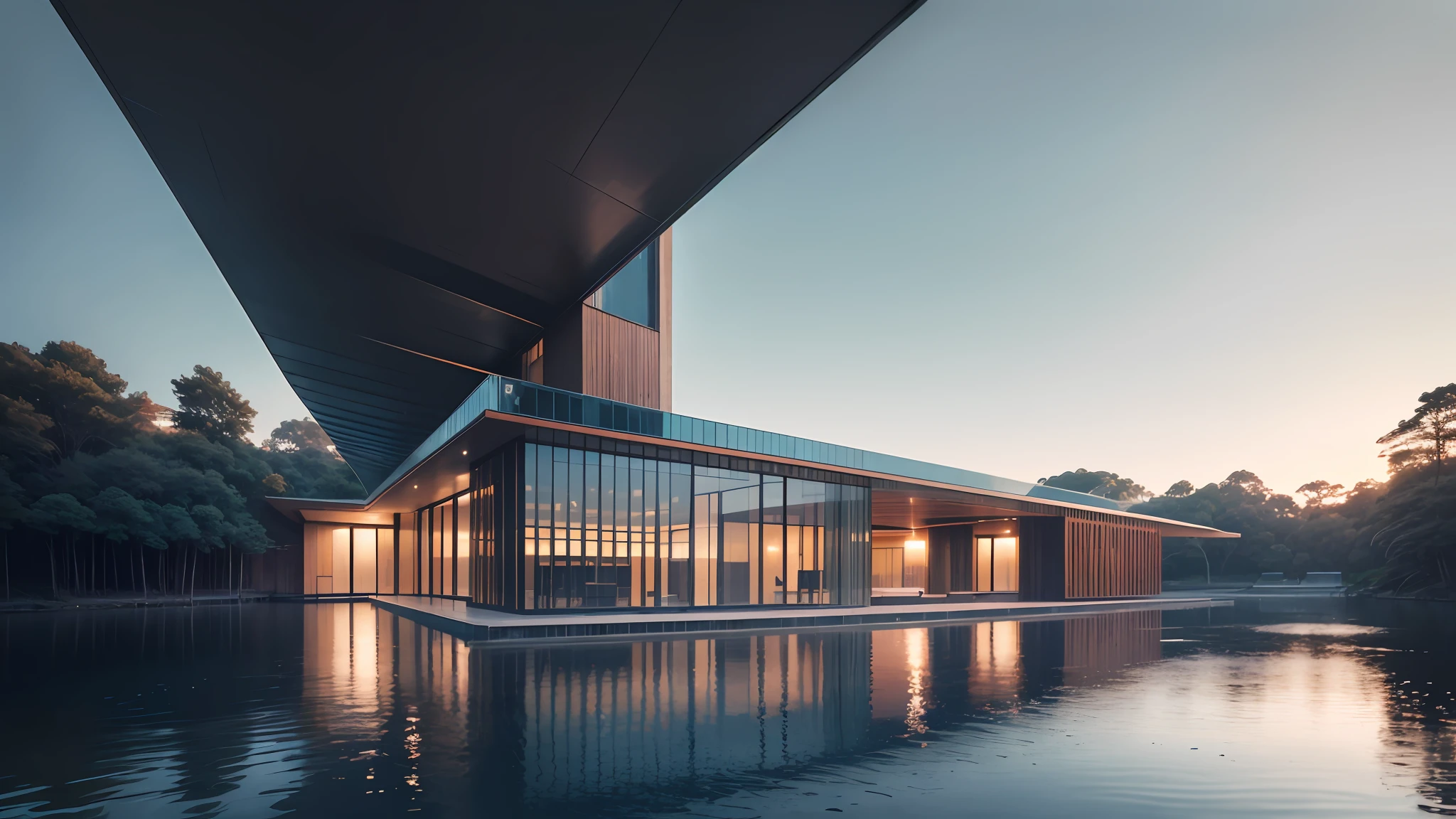 Ethereal glass structure suspended over a serene body of water, showcasing the innovative architectural style of Renzo Piano, captured by Hiroshi Sugimoto --auto --s2