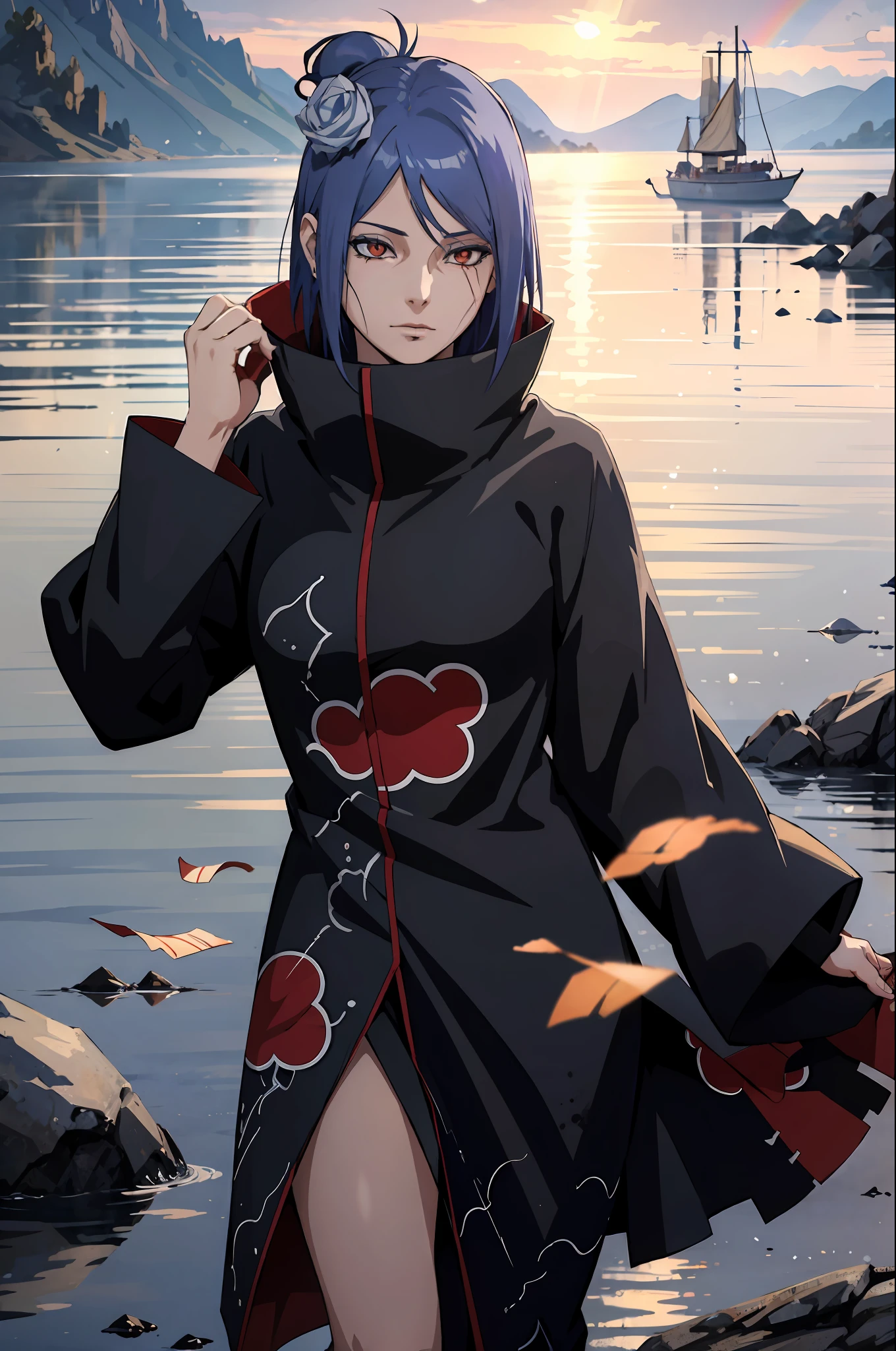 absurdres, (best quality), (masterpiece), (ultra-detailed: 1.2), (photorealistic: 1.1), (highres), 1girl,(injury:1.1),(blood:1.1), konan \(naruto\), (akatsuki outfit:1.1), piercing labret, (paper:1.2), ripples, whirling, rainbow,