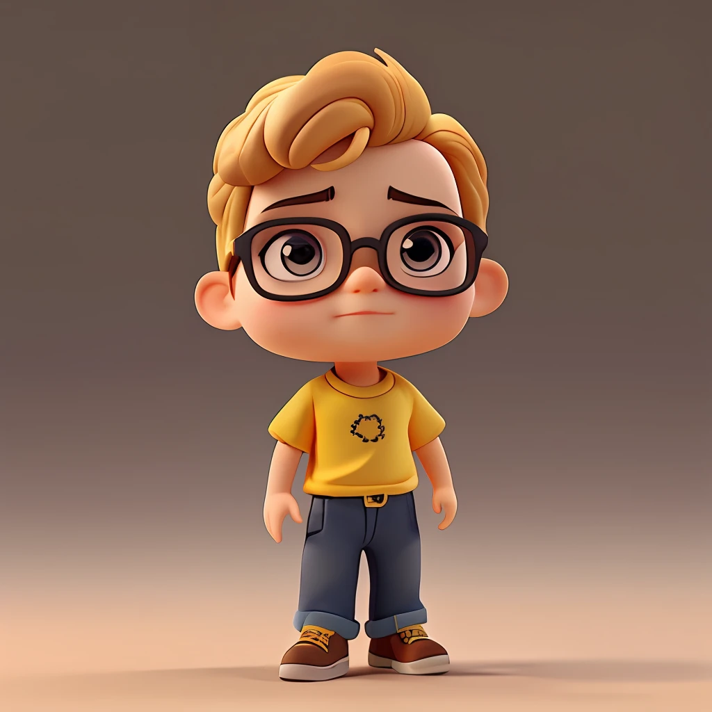 Cute little 38 year old man, Yellow T-shirt, wave her hand, huge head, shot Undercut hair , wearing Round gold thin frame glasses, Highly detailed eyes，Front-facing, Fit, full-body view, Highly detailed hands ，Toy figures,Best Quality, 3d cartoon，full-body view, Fantasy, Dreams, surrealism, Super Cute, Trending on ArtStation
