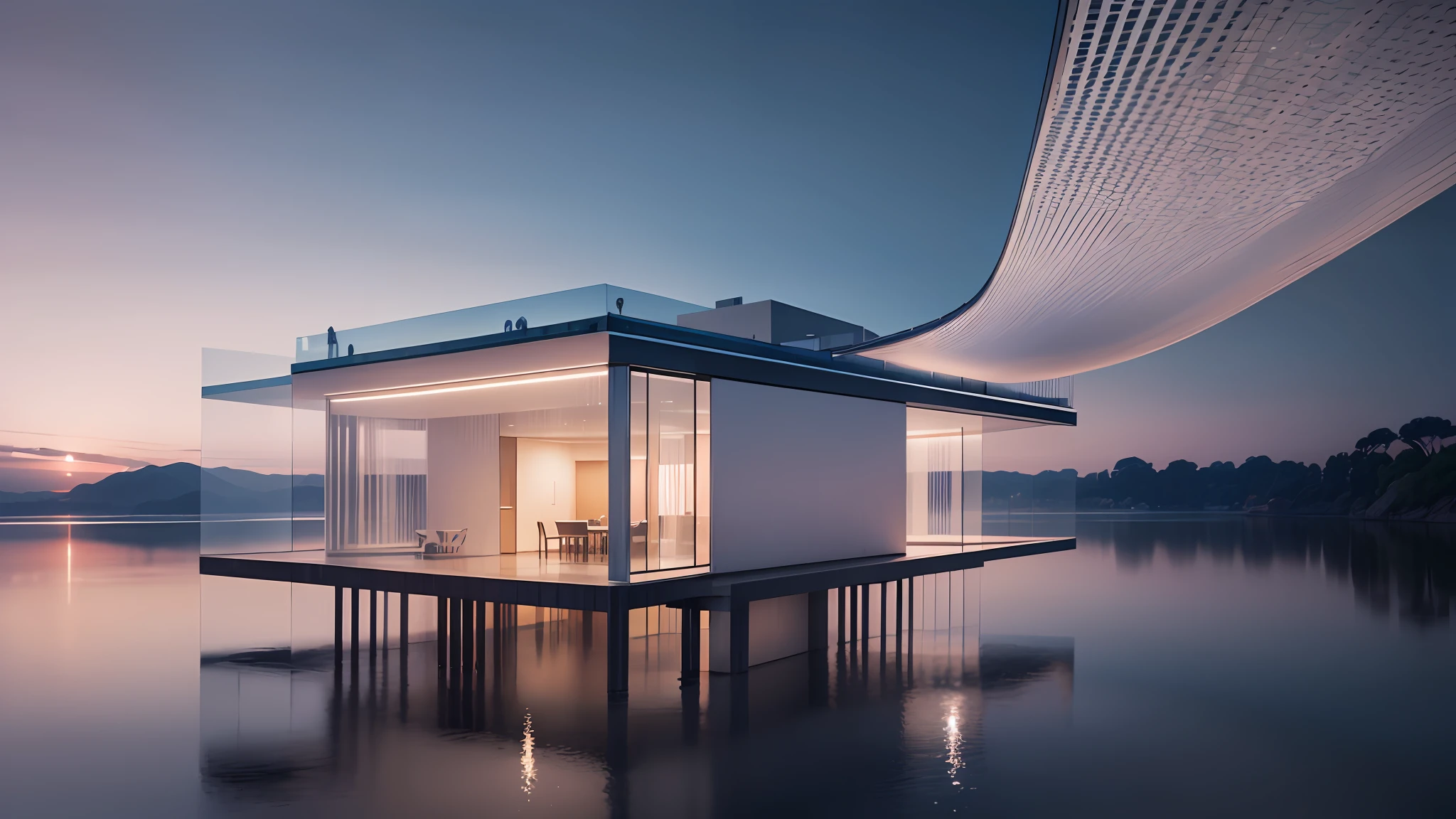 Ethereal glass structure suspended over a serene body of water, showcasing the innovative architectural style of Renzo Piano, captured by Hiroshi Sugimoto --auto --s2