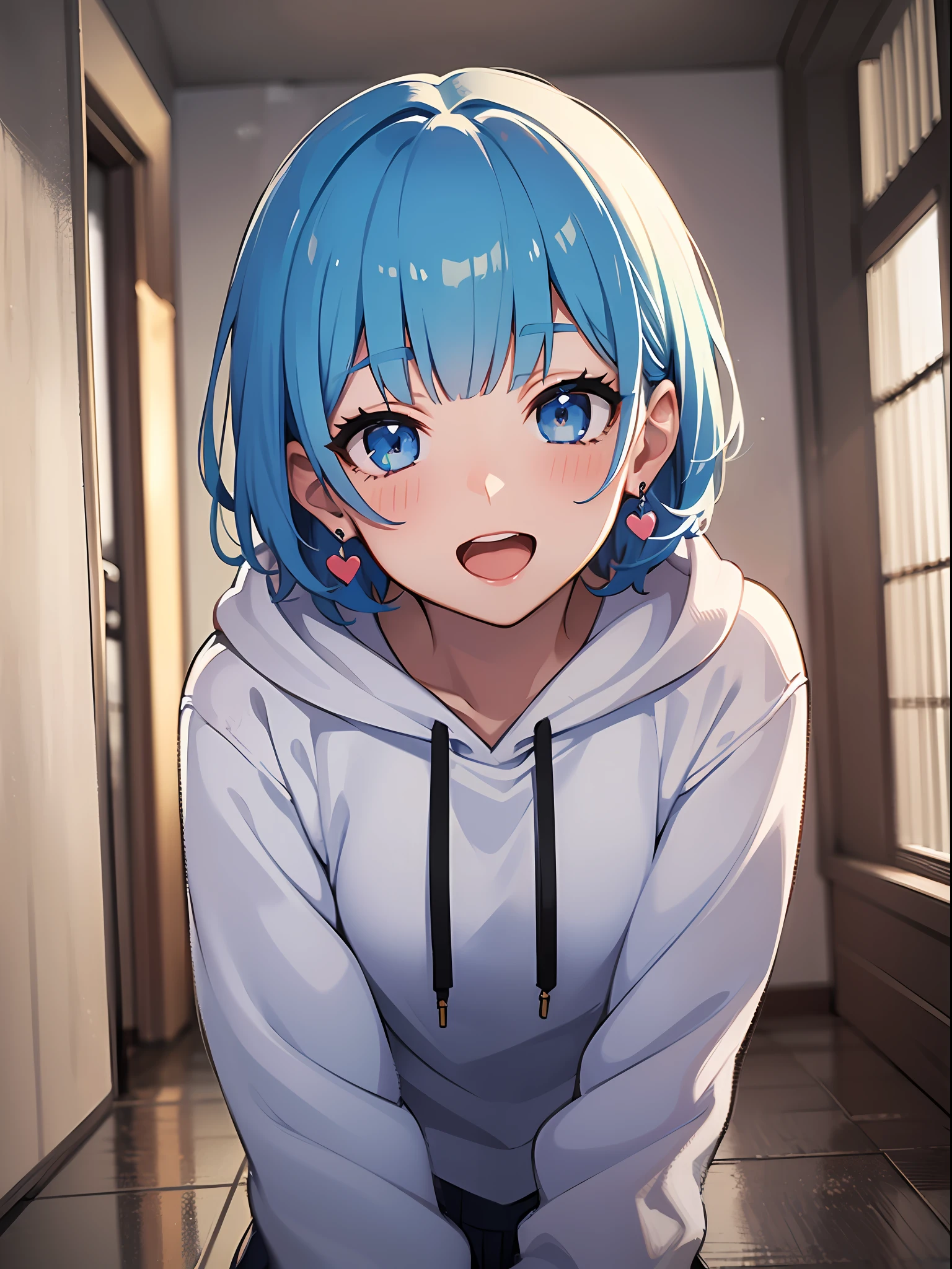 (masterpiece:1.3), (best quality:1.3), high resolution,
couboy shot,
leaning forward, body facing forward,
(one cute girl:1.3), solo,
white skin, small Breast, eight-headed person,
light blue hair, (bobbed hair:1.2), (short hair:1.2), (blunt bangs:1.2), beautiful hair, blue eyes, beautiful detailed eyes,
blush, open mouth, heart, cheerful smile,
hoodie, nude, earrings,
indoors, white room,
shadowlighting,