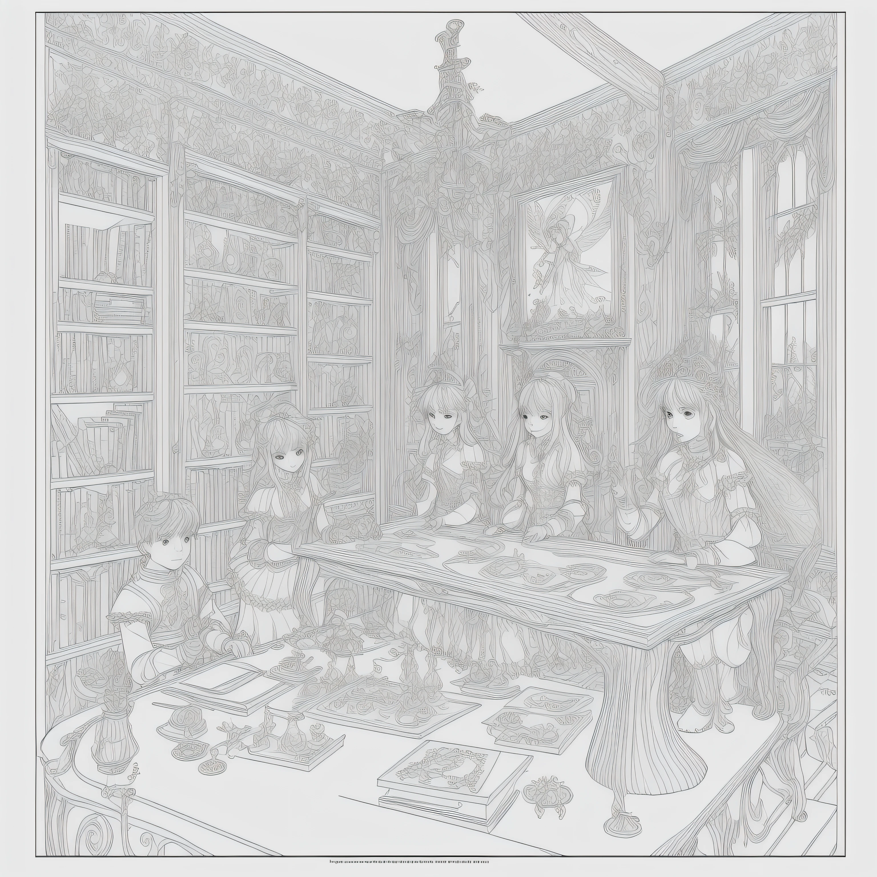 high detail coloring book page, thin black lines, white background, 1 bit line art coloring book, only draw outlines, crisp, thick outlines, use up the entire screen, outline art, storybook illustration, mighty fairy book, full of unknown arcane magic symbols, is on a wooden table with bookends in a room full of books and scrolls