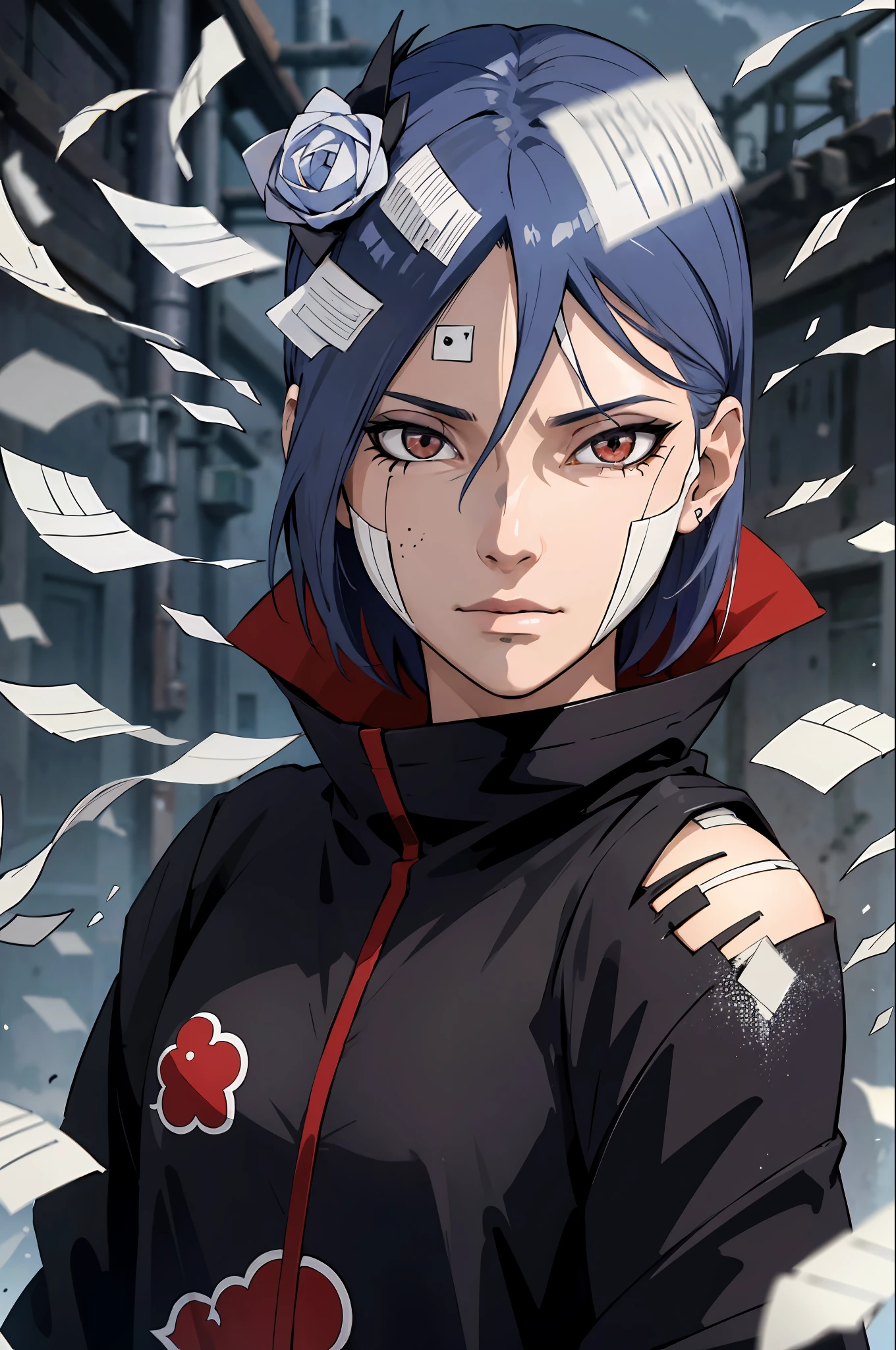 absurdres, (melhor qualidade), (obra-prima), (ultra-detalhado: 1.2), (fotorrealista: 1.1), (highres), 1menina,(injury:1.1),(sangue:1.1), konan \(naruto\), (biquini akatsuki:1.1), piercing labret, (papel:1.2), ripples, rodopiando, rainbowart,