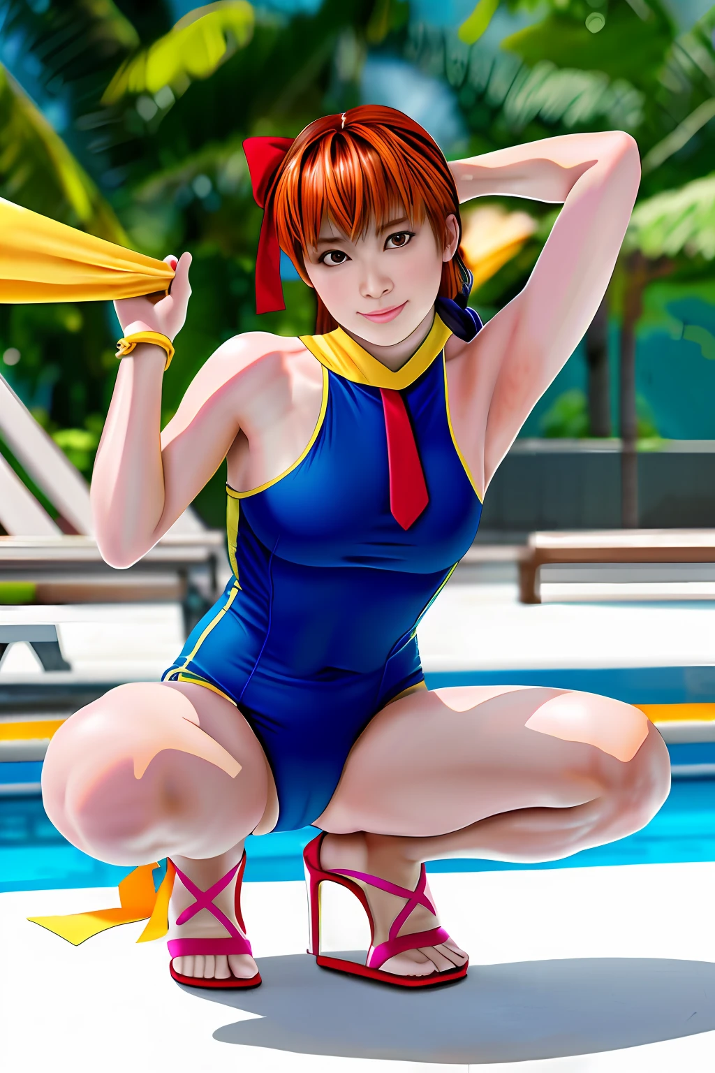 Top image quality、top-quality、8K picture quality、1girll、full body Esbian、Kasumi、A smile、embarrassed from、red blush、Beautiful fece、poneyTail、Tie your hair with a yellow ribbon、Gold Metallic、Sleeveless、High neck competitive swimsuit、、Crotch penetration、pin heels、Squatting on the ground、Open your crotch wide from side to side、Arms behind your head、Show off your armpits、gazing at viewer、Face the viewer、Show viewers your crotch 、((Frontal shot))、in poolside、profetional lighting、professional photograpy