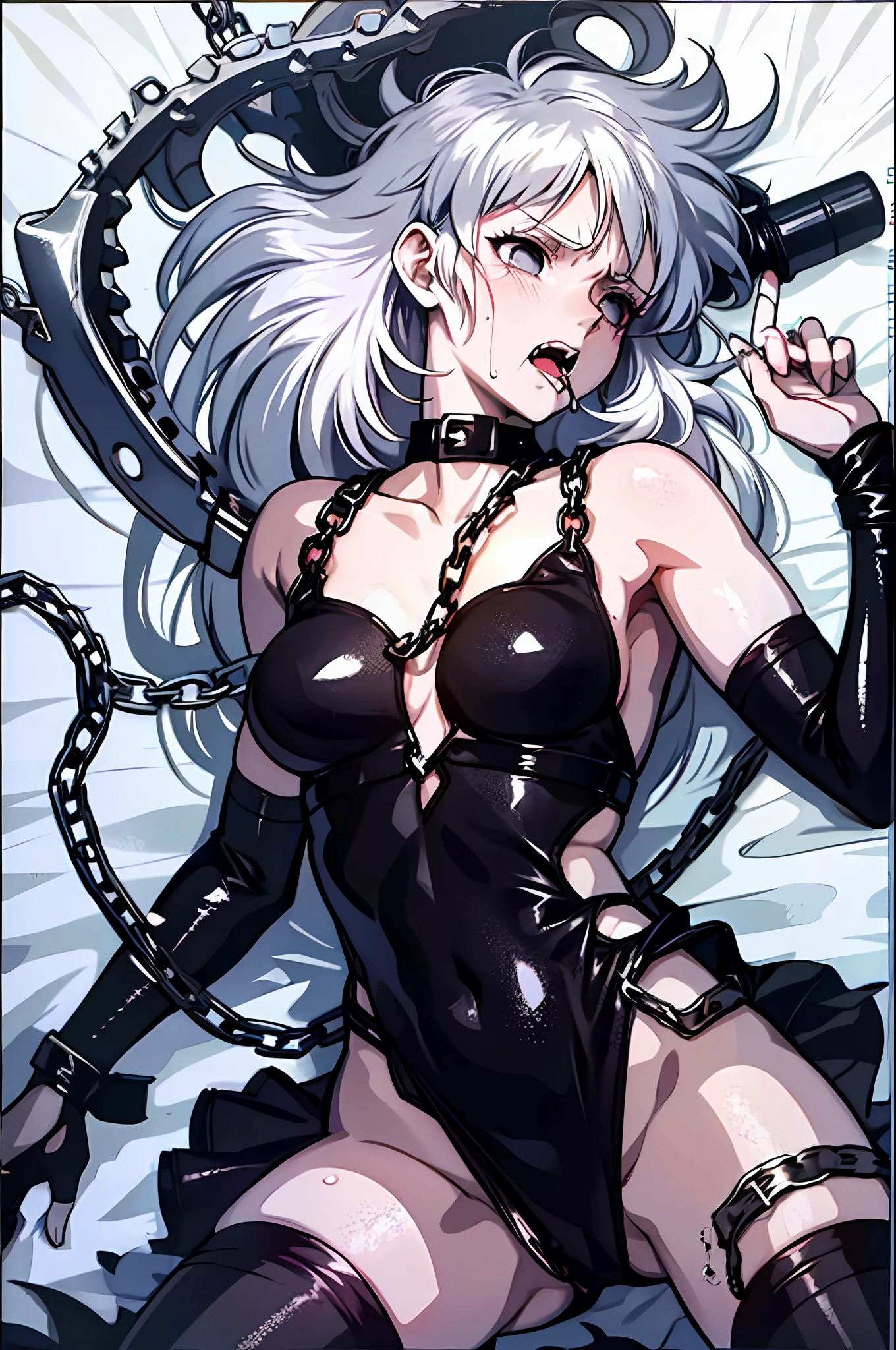 Maiden, bare skin maiden, sticky black liquid, tentacle licking, lying face up, hands separated by chains, struggle, pain, insertion, black stockings, black dress, silver-white hair, using ice magic, magic suit, black eyes, black ice wings