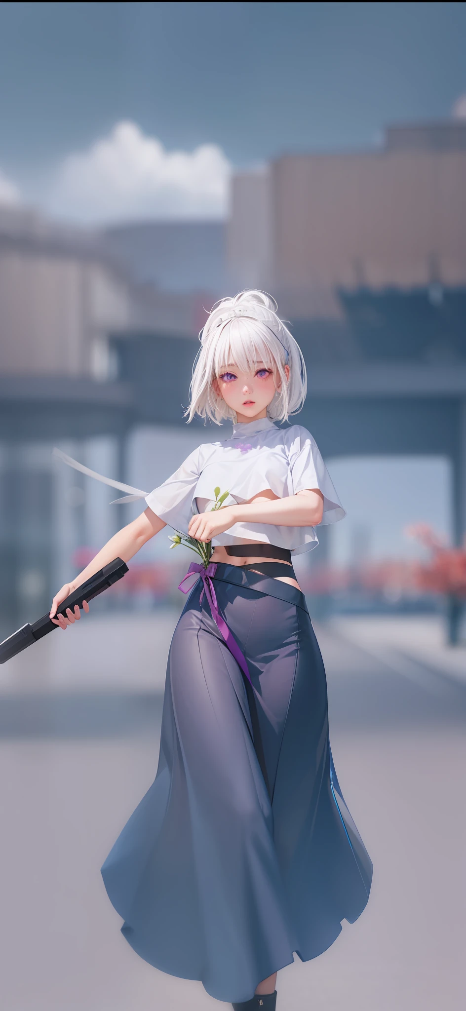 realistic, 1girl, white hair, purple eyes, glowing eyes, crop top, skirt, parted lips, blush, night, flowers, sun, sunlight,