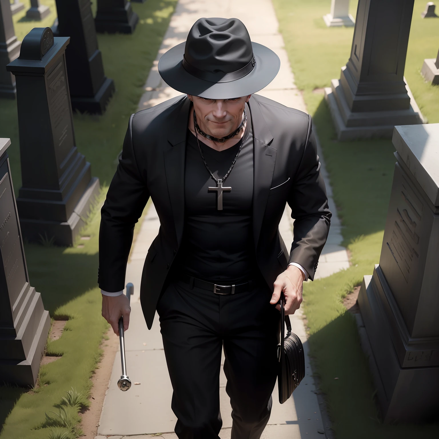 Middle-aged white man normal body black hat black shirt black pants with a black cane with a white handle chain with crucifix on the chest brown eyes slightly smiling walking in a cemetery