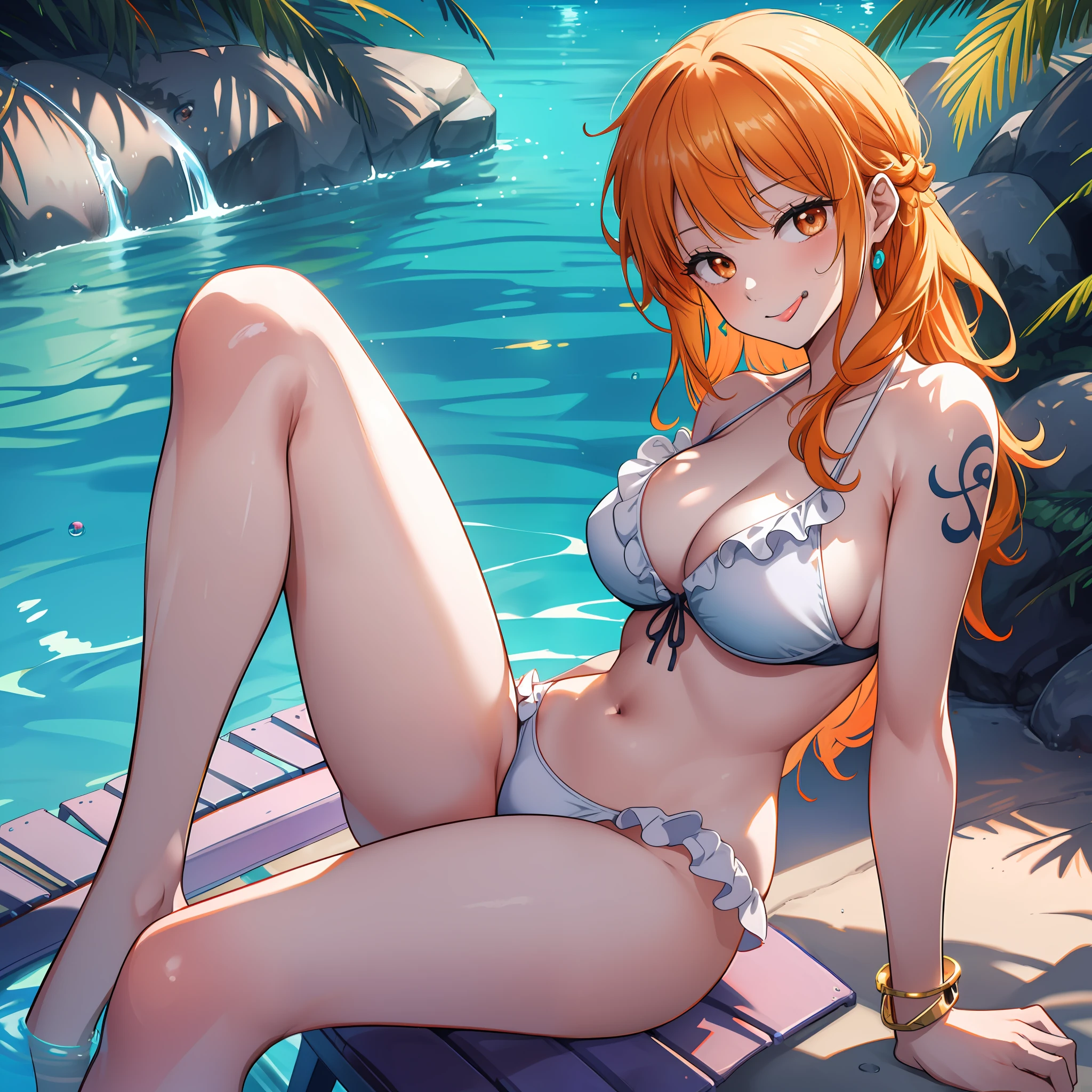 top-quality,Masterpiece,masterpiece,8k,high-level image quality,High pixel count,细致背景,detail portrayal,Realistic shadow depiction,Nami,orange color hair,Long,Orange eyes,sexy body type,Slender body line,Tattoo on the left shoulder,White swimsuit,White and pink bikini,Bikini with ruffles,Bikini with decoration,Bikini with delicate decoration,Swimwear with fine decoration,Golden bracelet,Night Pool,colorful neon,Pool at night,colorful lighting,sitting on,Lie down on a beach chair,Lying on a chair by the pool,a smile,Shy smile,Stick out your tongue and laugh,Tongue,