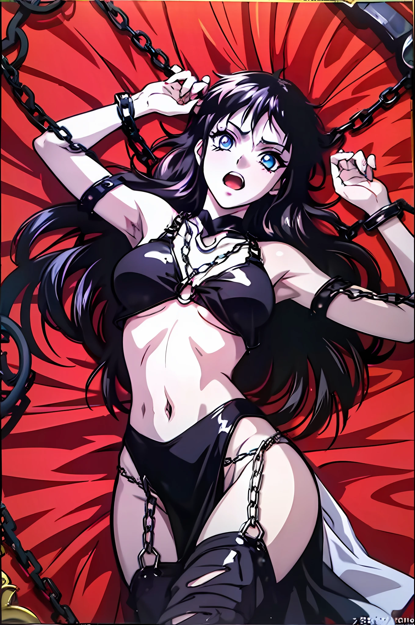 Donzela, Vampira,donzela de pele nua, sticky black liquid, Licking tentacles, Lying on her stomach, hands separated by chains, luta, dor, insertion, meias pretas, vestido preto, cabelos negros, usando magia de gelo, Magic Costume, olhos vermelhos, asas de gelo pretas