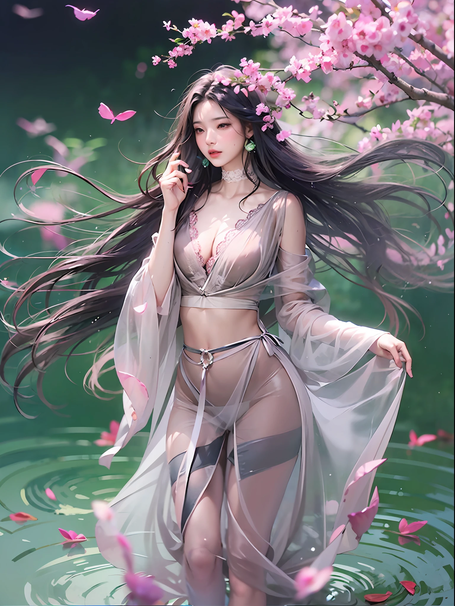 loose outfit、Show shoulders、Dark Color String Dress、How to wear a black gown、Decorated with intricate patterns and bright colors、Transparent material that makes the skin shine、Artistic depiction of seductive woman in gown with wet thin cloth and transparent skin, Floral and fantastic pattern with flowing silky traditional see-through skin。Her dress draped elegantly around her curvaceous figure、Emphasizes her charming silhouette。She's a gentle fireworks night、Dynamic Posing、Sexy Posing、bathed in the soft glow of moonlight。The scene is、With a hint of mystery and sensuality、It exudes an ethereal dreamy atmosphere。The image style is、It incorporates a blend of watercolor and digital illustration techniques.、It makes you feel delicate beauty and charm。Soft moonlit lighting、Cast gentle highlights and shadows on her mesmerizing features。Dynamic Posing、Bold poses、The hand is somewhere、see -through、show through、A sexy、Wet hair、Wet、(cherry trees、flower petals、cherryblossom、The cherry tree、Sakura Snowstorm 1.5)、buried、Transparent skin、Wet clothes、(Chest 1.2)、Navel Ejection、Swaying in the wind、Burgundy、pale red、(Slouch 1.5)、Lace color、lace choker、a choker、Lie on your back on the surface of the water、New lining、garterbelts、fishnet tights、knee high socks、