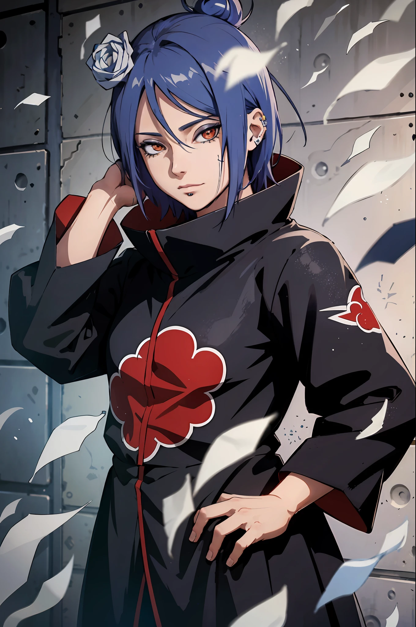 absurdres, (melhor qualidade), (obra-prima), (ultra-detalhado: 1.2), (fotorrealista: 1.1), (highres), 1******,(injury:1.1),(sangue:1.1), konan \(naruto\), (biquini akatsuki:1.1), piercing labret, (papel:1.2), ripples, rodopiando, rainbowart,