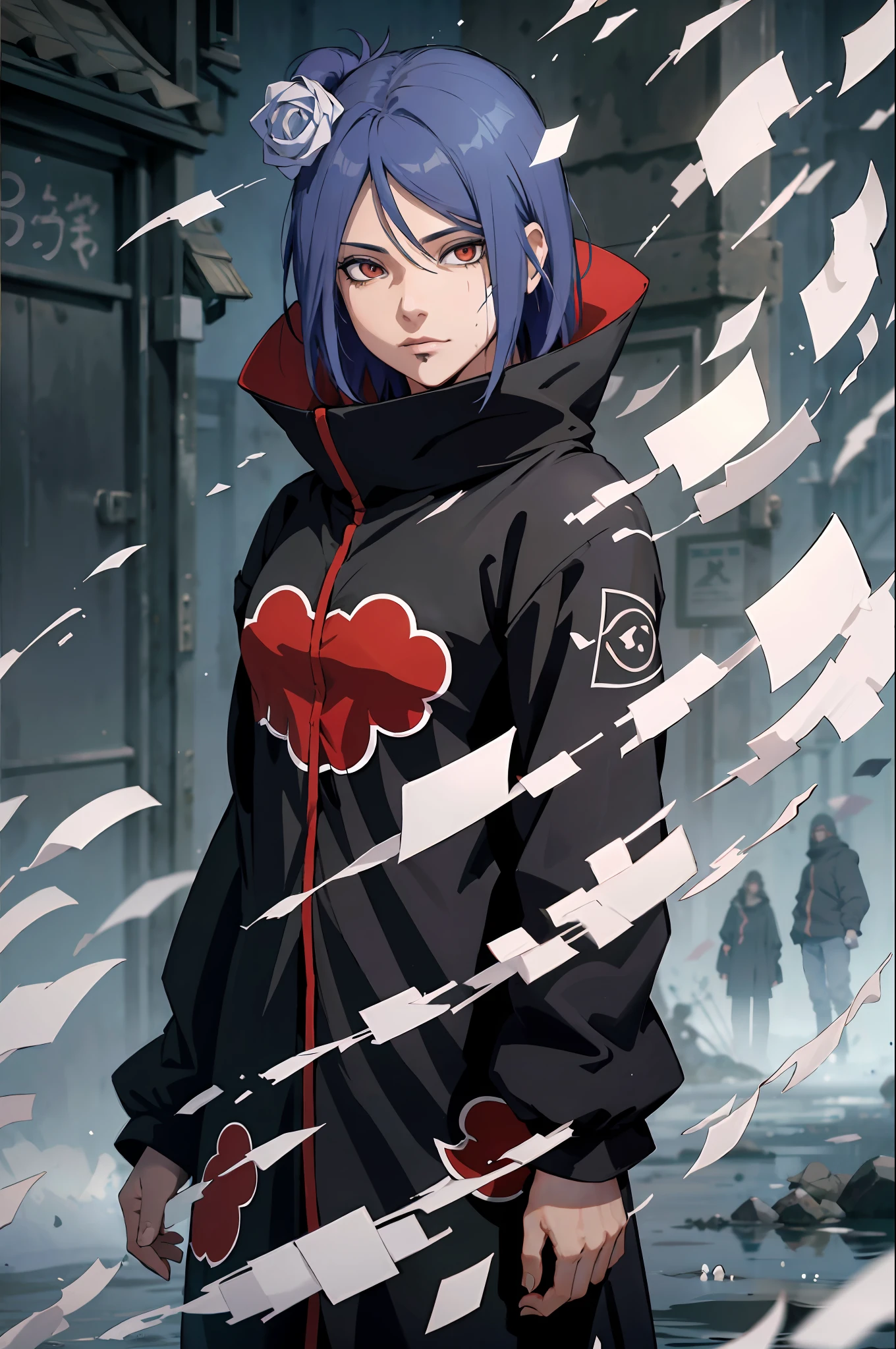 absurdres, (melhor qualidade), (obra-prima), (ultra-detalhado: 1.2), (fotorrealista: 1.1), (highres), 1menina,(injury:1.1),(sangue:1.1), konan \(naruto\), (biquini akatsuki:1.1), piercing labret, (papel:1.2), ripples, rodopiando, rainbowart,