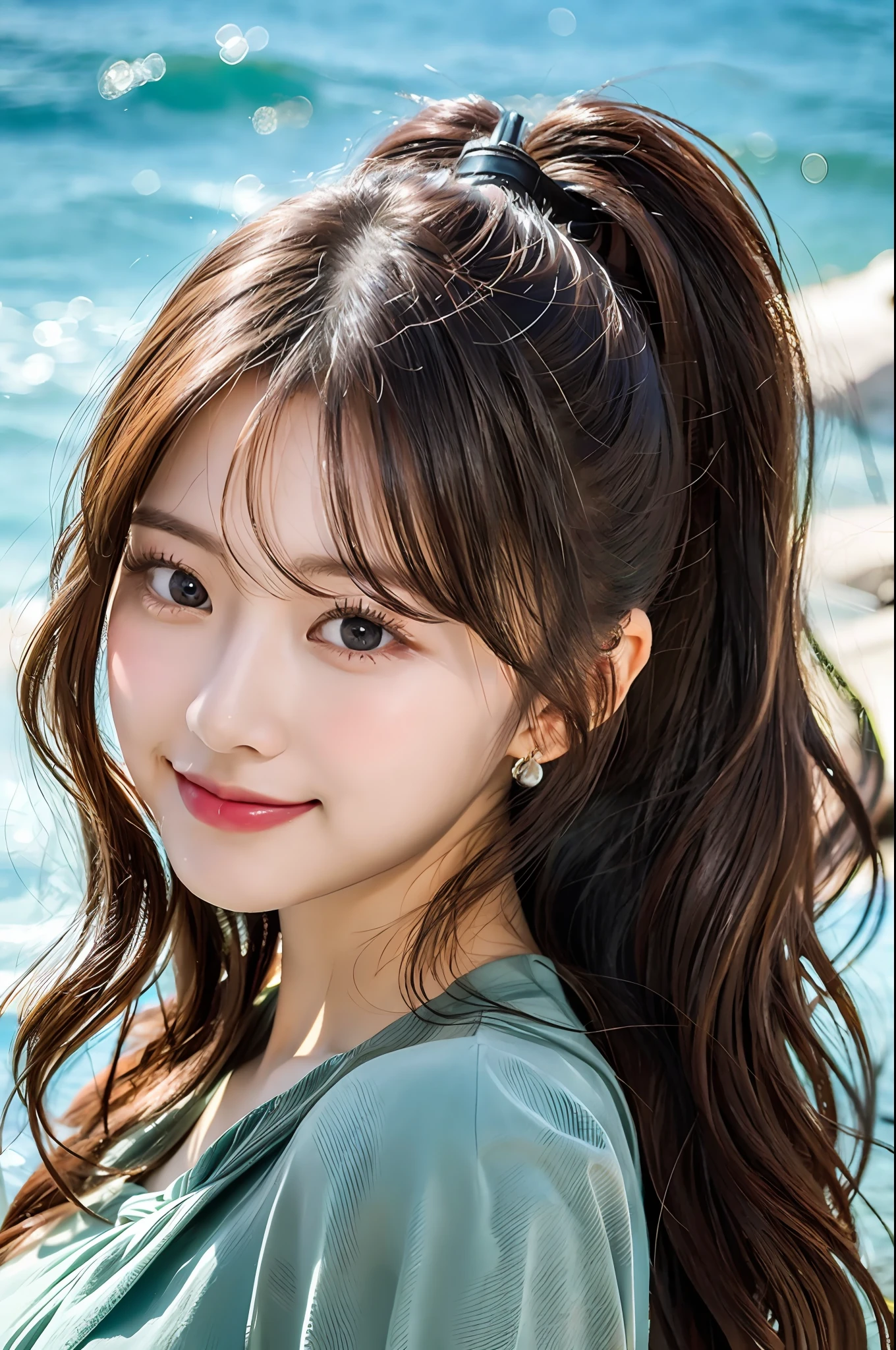 (Crowded sea in summer), Top Quality, Ultra HD, Girls, (Blouse),((Beautiful hair and beautiful big eyes)), Smile,High Contrast, (Photorealistic:1.4),(Ponytail),Looking at camera,Flash shot