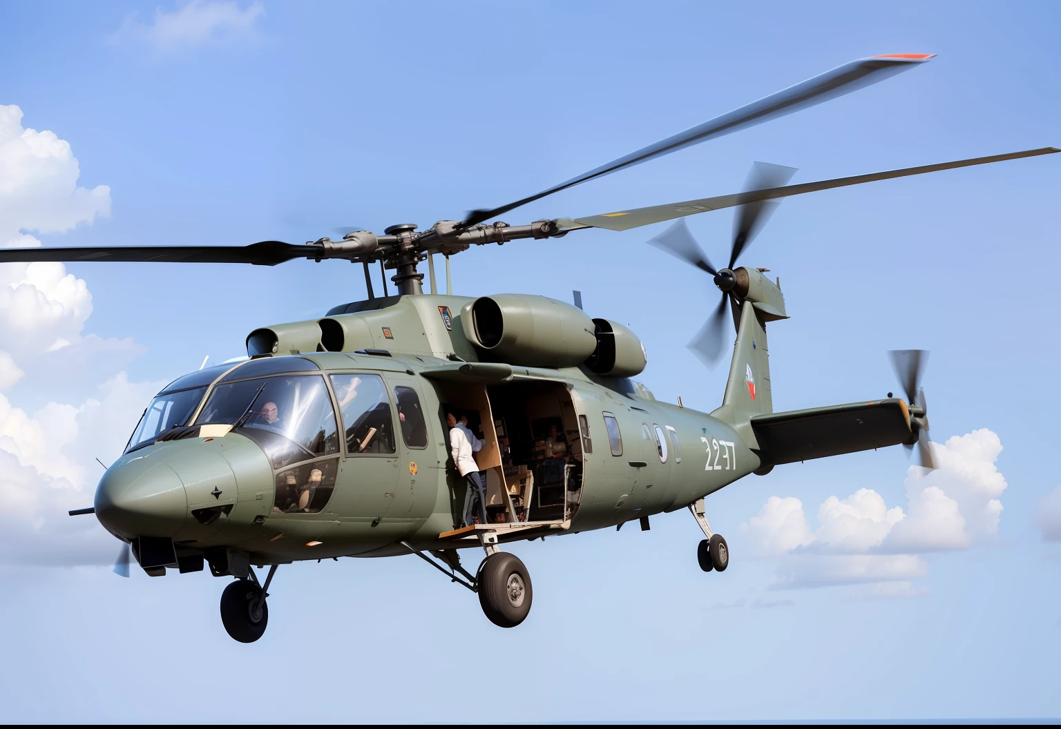 create an ultra-realistic and perfect image of a Bell V-280 helicopter seen from three-quarters, in stationary flight. Destaque detalhes precisos, as propellers, cabine do piloto, portas, Logos and inscriptions. Background with clear blue sky and some clouds. Use realistic lighting and drop shadows. Paleta de cores equilibrada, enfatizando as cores do Bell V-280. Convey a sense of technology and tolerated. Sign the image with a discreet logo to unique it as AI creation. 64k --auto