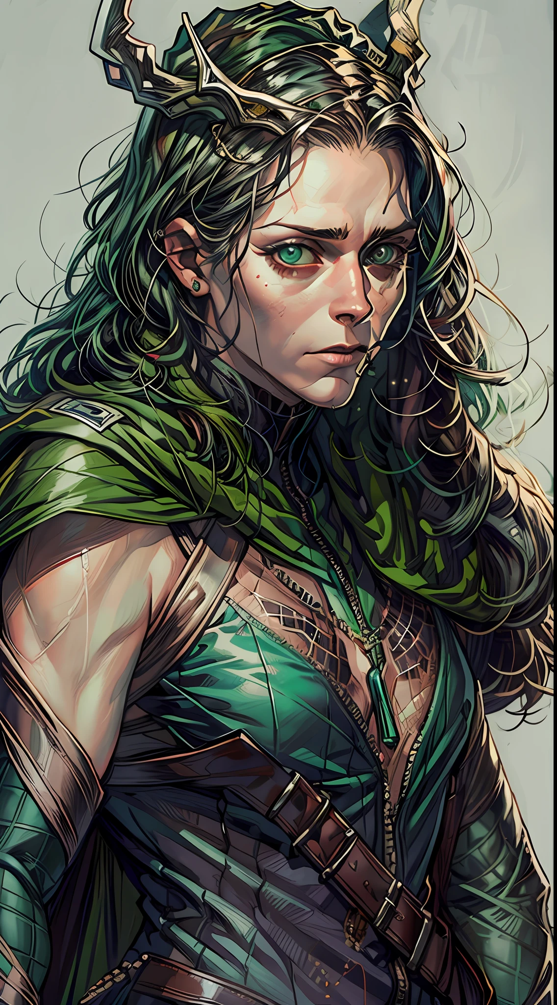 (RAW Photo, Best Quality), (Realistic, Photorealistic Photo: 1.3), Best Quality, Highly Detailed, Masterpiece, Ultra Detailed, Illustration, marvel cinematic universe, marvel, Wanda Maximoff + Loki unique combination, Elizabeth Olsen, Beautiful Wanda Maximoff in Loki's black and green colored costume with his 2 horns of crown, upper body, high detail on dress and crown, Best Quality, Extremely Detailed CG Unified 8k Wallpaper, Ink, Amazing, badass look, portrait, close up (skin texture), intricately detailed, fine details, hyperdetailed.