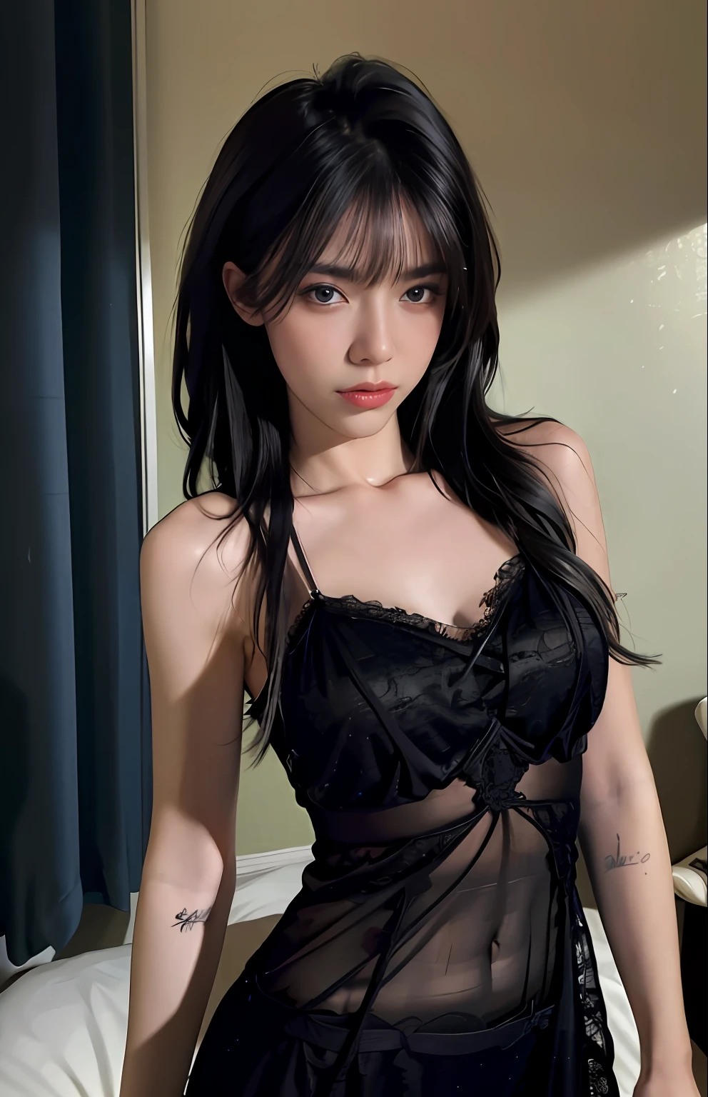 Best quality, masterpiece, ultra high res, (photorealistic:1.4), raw photo, 1girl, ((black lace nightgown)), ((small breast)), cold light