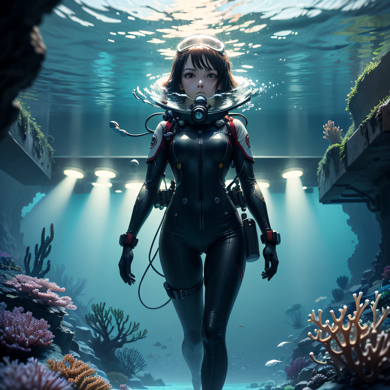 (masterpiece, best quality, beautiful anime art:1.4) submarine, underwater_view, 1girl, full_body_shot, determined_expression, holding_steering_wheel, submarine_window_view, dimly_lit, blue_theme, monochrome, underwater_caves, sunken_shipwreck, bubbles, ray_of_light, mysterious, serene, diving_suit, oxygen_tank, tied_back_hair, goggles, glowing_eyes, periscope, gauges, control_panels, nuclear_submarine, torpedoes, sonar_equipment, metal_walls, porthole_windows, schools_of_fish, coral_reef, ocean_exploration, deep_sea_adventure, hidden_treasures, aquatic_environment, cinematic light, (sharp focus:1.6), highly detailed, ultra realistic, 8k