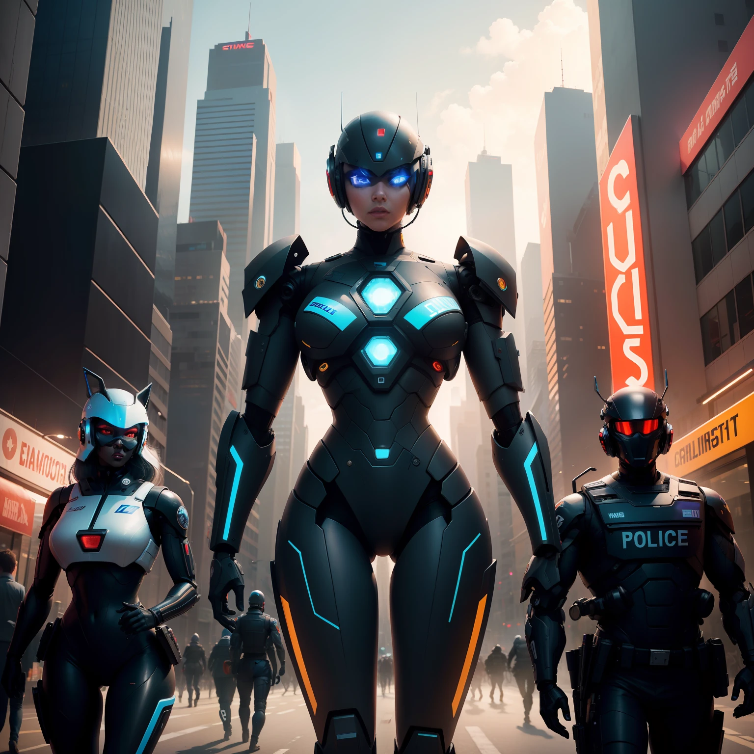Imagine a futuristic city where law enforcement is carried out by humanoid robots. No entanto, Something went wrong and these robots turned on the civilians. Your task is to create an image that depicts the chaos and tension of this alarming situation.

Comece desenhando a cidade futurista, with modern skyscrapers, Busy streets and panicked people. Use vibrant colors to show the unrest and chaos that is occurring.

Em seguida, Focus on the humanoid robots of the police. Make them look intimidating and threatening, com design futurista, built-in weapons and repression equipment. Certifique-se de retratar