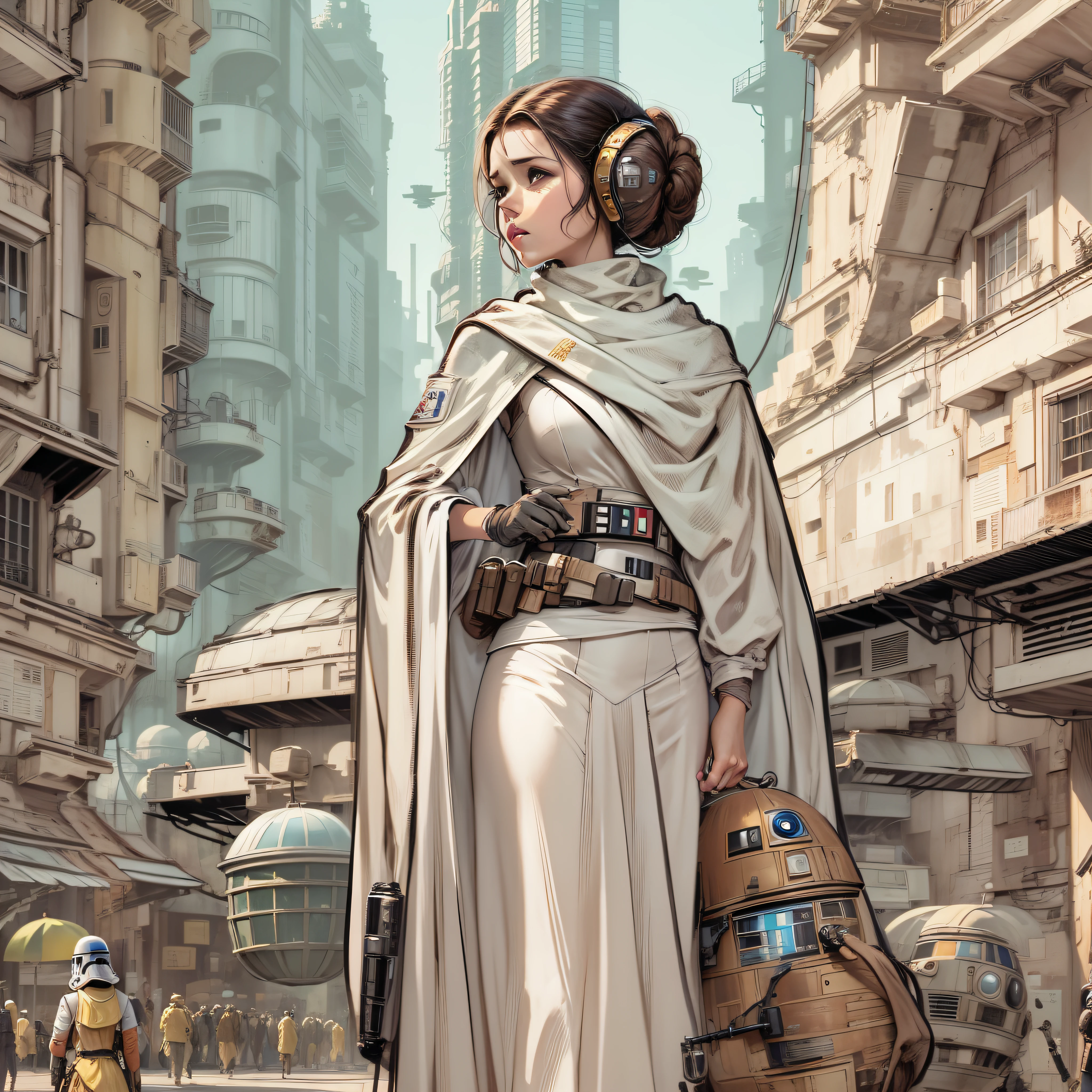 en estilo comic, la princesa leia y su escolta imperial, pasean por las calles de la ciudas de coruscant, con inmensos edificios tecnologicos, y sus naves voladoras,con todo el ambiente y estilo star wars.