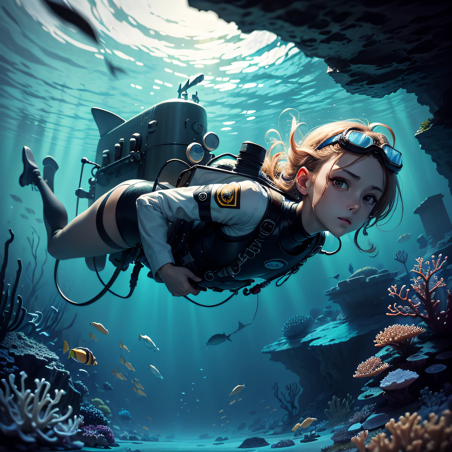 (masterpiece, best quality, beautiful anime art:1.4) submarine, underwater_view, 1girl, full_body_shot, determined_expression, holding_steering_wheel, submarine_window_view, dimly_lit, blue_theme, monochrome, underwater_caves, sunken_shipwreck, bubbles, ray_of_light, mysterious, serene, diving_suit, oxygen_tank, tied_back_hair, goggles, glowing_eyes, periscope, gauges, control_panels, nuclear_submarine, torpedoes, sonar_equipment, metal_walls, porthole_windows, schools_of_fish, coral_reef, ocean_exploration, deep_sea_adventure, hidden_treasures, aquatic_environment, cinematic light, (sharp focus:1.6), highly detailed, ultra realistic, 8k