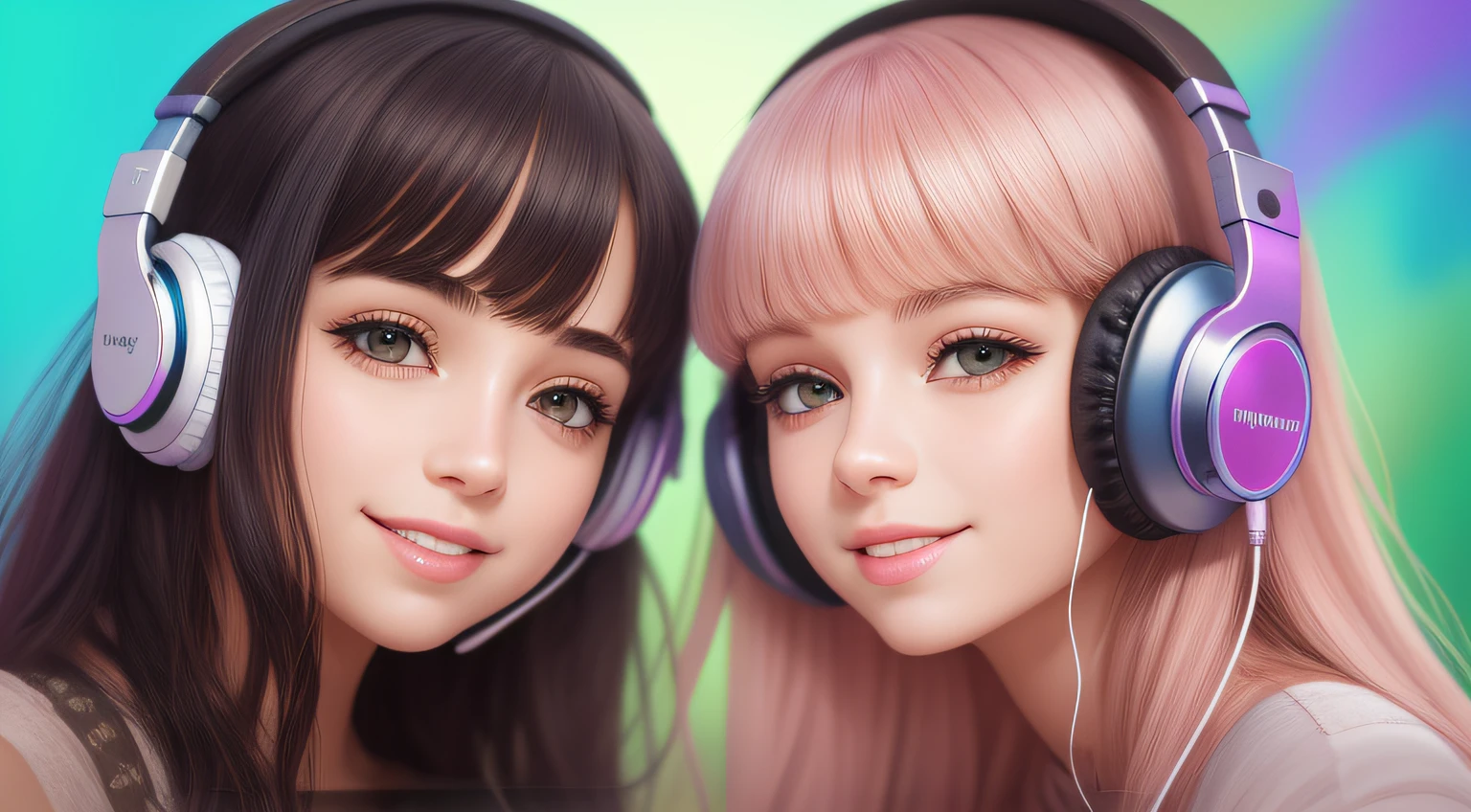 Two young women wearing headphones are smiling for the camera, menina usando fones de ouvido, Usando fones de ouvido, foto de retrato em close-up, com fones de ouvido, retro estilizado, Listening to music, usando fone de ouvido moderno, lookalike, Fones de ouvido ligados, com fones de ouvido, usando um fone de ouvido, Duas meninas, gen z, videoclipe, meninas jovens, good music, retrato closeup, meninas fofas, listening to godly music