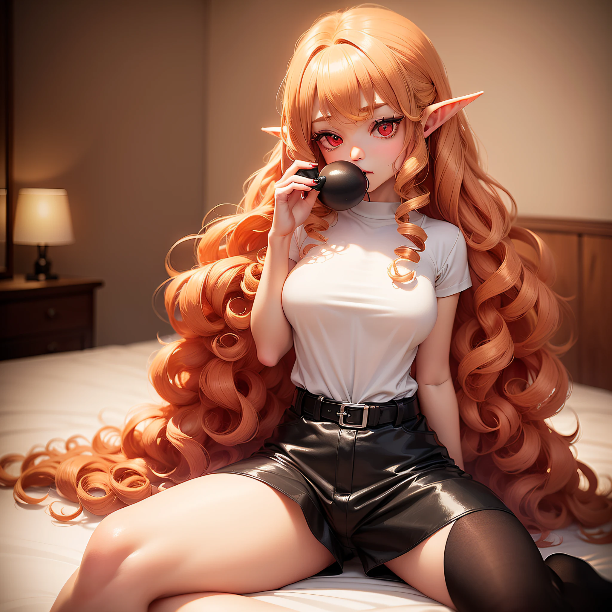 (masterpiece), (high quality), (full body), (elf),(solo:1.5), (red eyes:1.3), (detailed beautiful big eyes), (extremely large curly blond hair), (breasts) small),(white shirt),(short tight black shorts), sitting on a bed with hand over mouth,(erotic image)