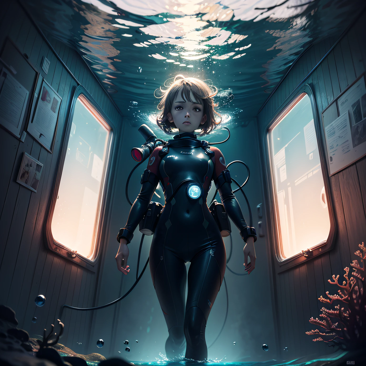 (masterpiece, best quality, beautiful anime art:1.4) submarine, underwater_view, 1girl, full_body_shot, determined_expression, holding_steering_wheel, submarine_window_view, dimly_lit, blue_theme, monochrome, underwater_caves, sunken_shipwreck, bubbles, ray_of_light, mysterious, serene, diving_suit, oxygen_tank, tied_back_hair, goggles, glowing_eyes, periscope, gauges, control_panels, nuclear_submarine, torpedoes, sonar_equipment, metal_walls, porthole_windows, schools_of_fish, coral_reef, ocean_exploration, deep_sea_adventure, hidden_treasures, aquatic_environment, cinematic light, (sharp focus:1.6), highly detailed, ultra realistic, 8k