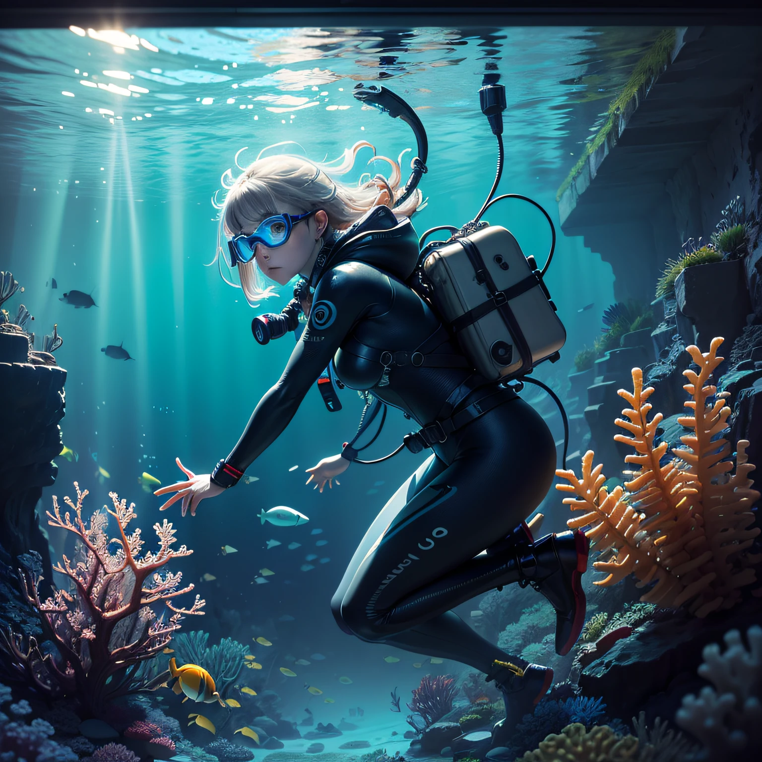 (masterpiece, best quality, beautiful anime art:1.4) submarine, underwater_view, 1girl, full_body_shot, determined_expression, holding_steering_wheel, submarine_window_view, dimly_lit, blue_theme, monochrome, underwater_caves, sunken_shipwreck, bubbles, ray_of_light, mysterious, serene, diving_suit, oxygen_tank, tied_back_hair, goggles, glowing_eyes, periscope, gauges, control_panels, nuclear_submarine, torpedoes, sonar_equipment, metal_walls, porthole_windows, schools_of_fish, coral_reef, ocean_exploration, deep_sea_adventure, hidden_treasures, aquatic_environment, cinematic light, (sharp focus:1.6), highly detailed, ultra realistic, 8k
