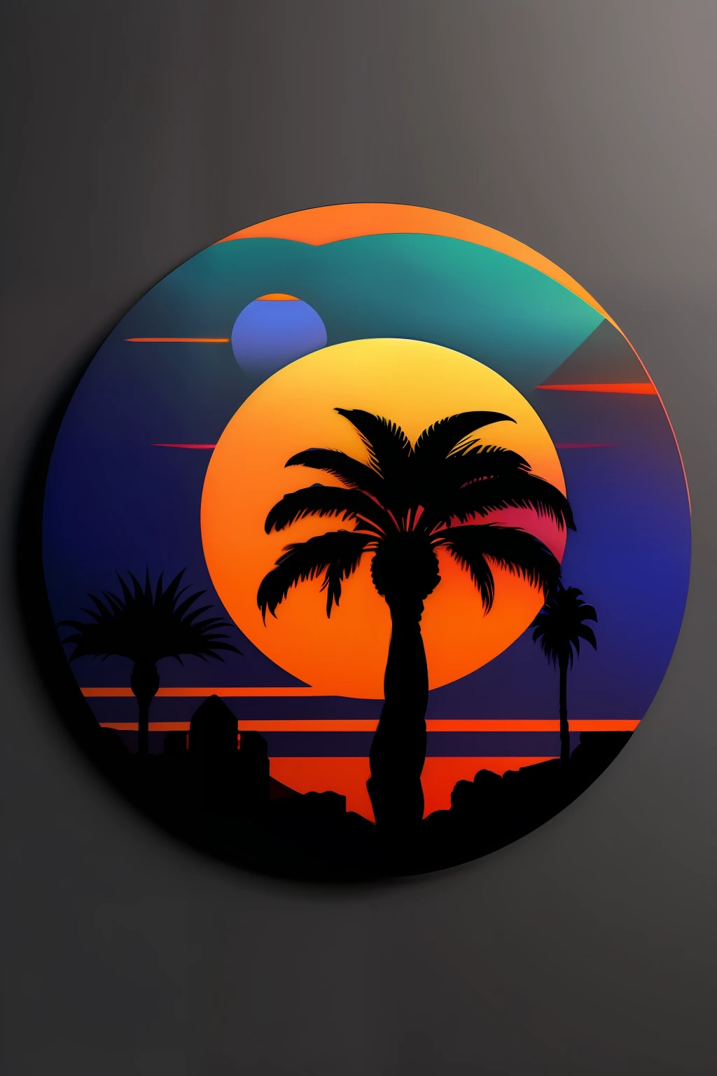 bola, palmeiras e sol, vetorizado, Synthwave, wellow azul vermelho laranja, Bright basic colors on a dark background, adesivo