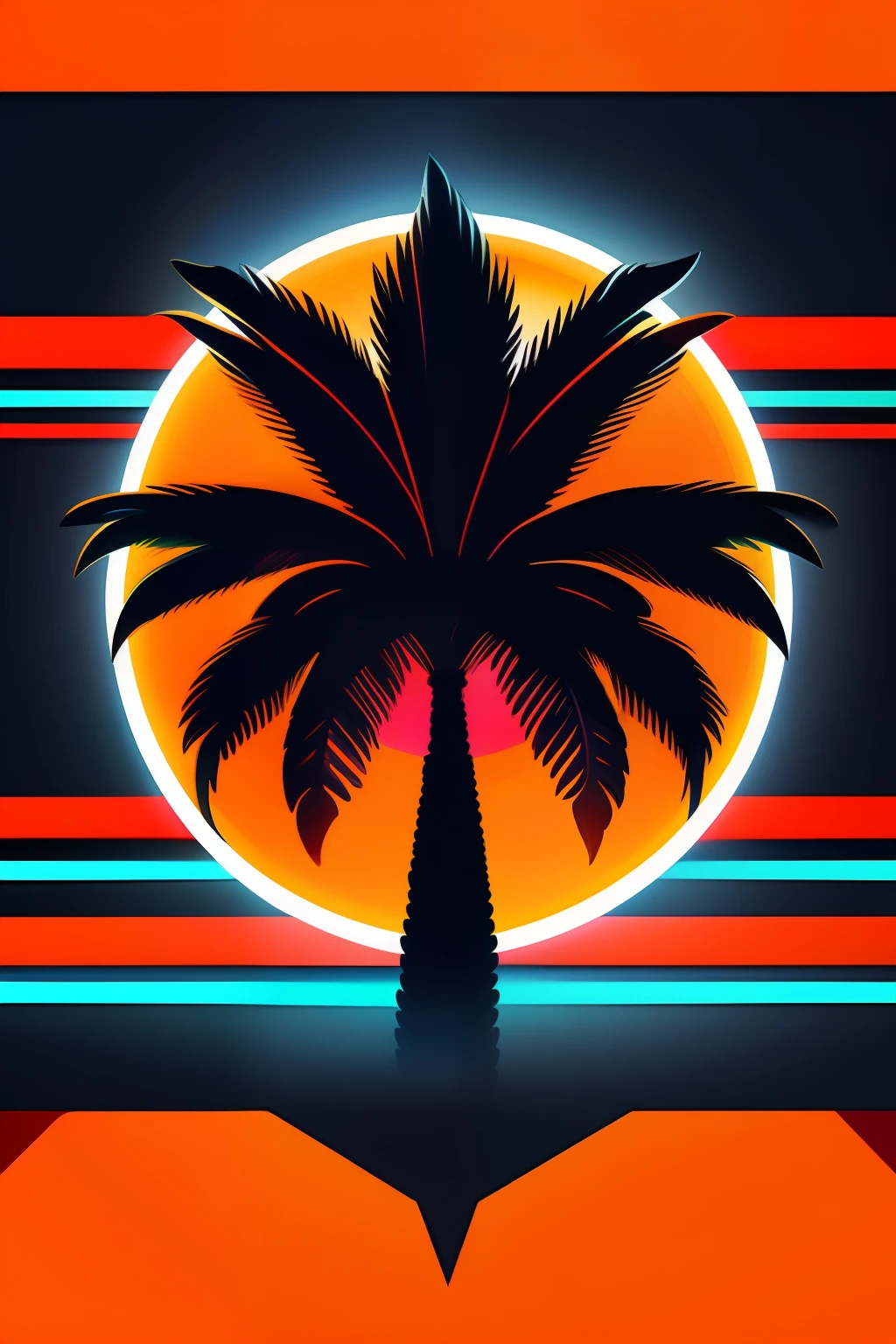 bola, palmeiras e sol, vetorizado, Synthwave, wellow azul vermelho laranja, Bright basic colors on a dark background, adesivo