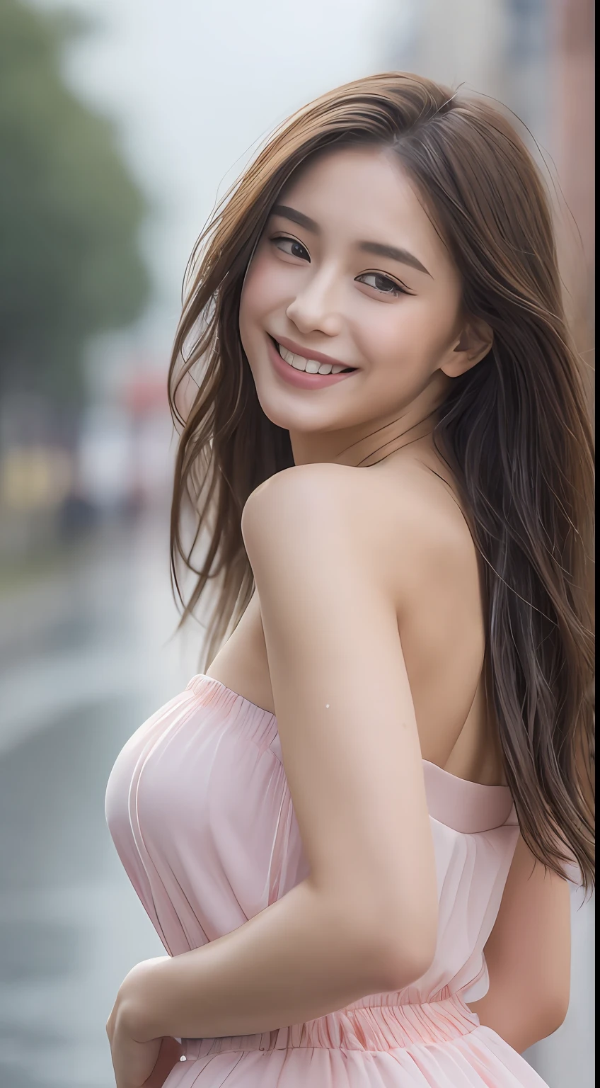 ((Best Quality, 8k, Masterpiece:1.3)), Focus: 1.2, Perfect Body Beauty: 1.4, Buttocks: 1.2, ((Long Hair)), (Wet Clothes:1.1) , (Rain, Street:1.3), Pink bandeau dress: 1.1, Highly detailed face and skin texture, Detailed eyes, Double eyelids, buttocks, Whitened skin, smile