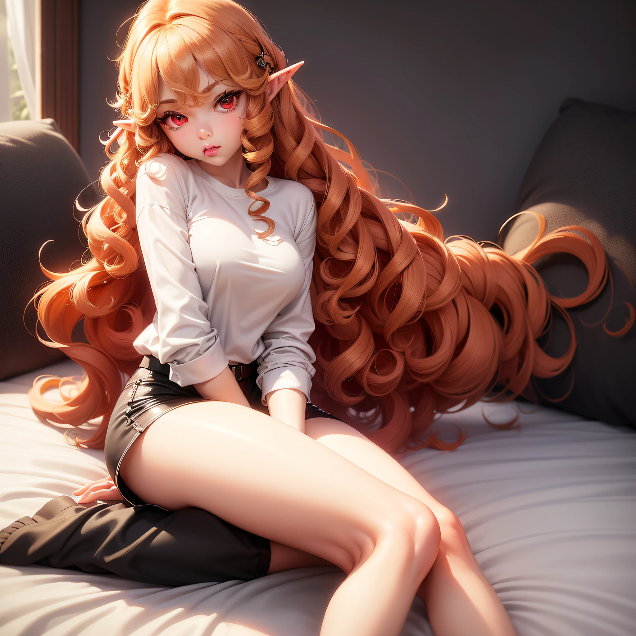 (masterpiece), (high quality), (full body), (elf),(solo:1.5), (red eyes:1.3), (detailed beautiful big eyes), (extremely large curly blond hair), (breasts small), (white shirt sexy), (short tight black shorts), sitting on a bed with hand over mouth,(erotic image)