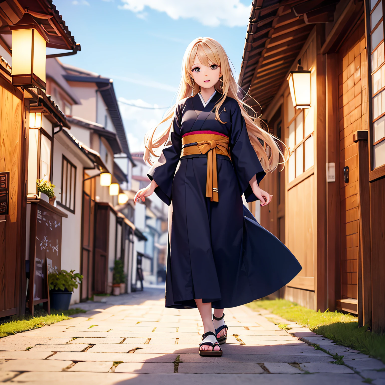 (masterpiece, best quality, beautiful anime art:1.4) japanese_village_street_scene, 1girl, full_body_shot, determined_expression, running, street_level_view, natural_sunlight, vibrant_colors, pastel_tones, traditional_japanese_buildings, lanterns, cherry_blossom_trees, cobblestone_path, wooden_signboards, lively, bustling, kimono, obi_belt, tabi_socks, wooden_geta_sandals, long_hair, wavy_hair, blonde_hair, big_eyes, sparkling_eyes, people_walking, food_stalls, paper_lanterns, cultural_heritage, scenic_beauty, traditional_fashion, japanese_aesthetics, (sharp focus:1.6), dramatic lighting, highly detailed, ultra realistic, 8k