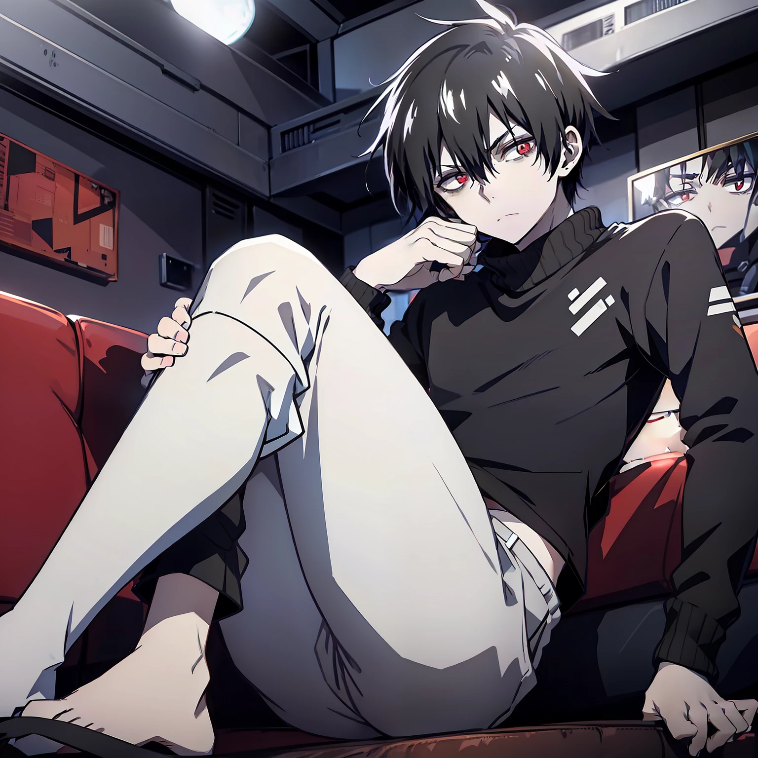tired man,, 18 years old, black hair, light long black hair,, red eyes,, pale skin, black sweater, gray pants, on a couch, relaxing posture, 4k good anatomy