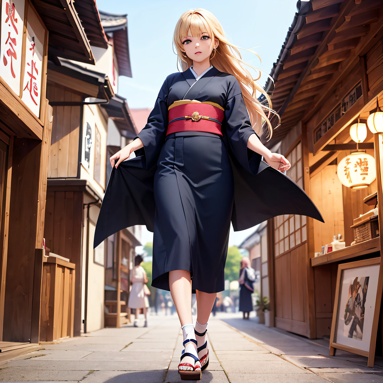 (masterpiece, best quality, beautiful anime art:1.4) japanese_village_street_scene, 1girl, full_body_shot, determined_expression, running, street_level_view, natural_sunlight, vibrant_colors, pastel_tones, traditional_japanese_buildings, lanterns, cherry_blossom_trees, cobblestone_path, wooden_signboards, lively, bustling, kimono, obi_belt, tabi_socks, wooden_geta_sandals, long_hair, wavy_hair, blonde_hair, big_eyes, sparkling_eyes, people_walking, food_stalls, paper_lanterns, cultural_heritage, scenic_beauty, traditional_fashion, japanese_aesthetics, (sharp focus:1.6), dramatic lighting, highly detailed, ultra realistic, 8k