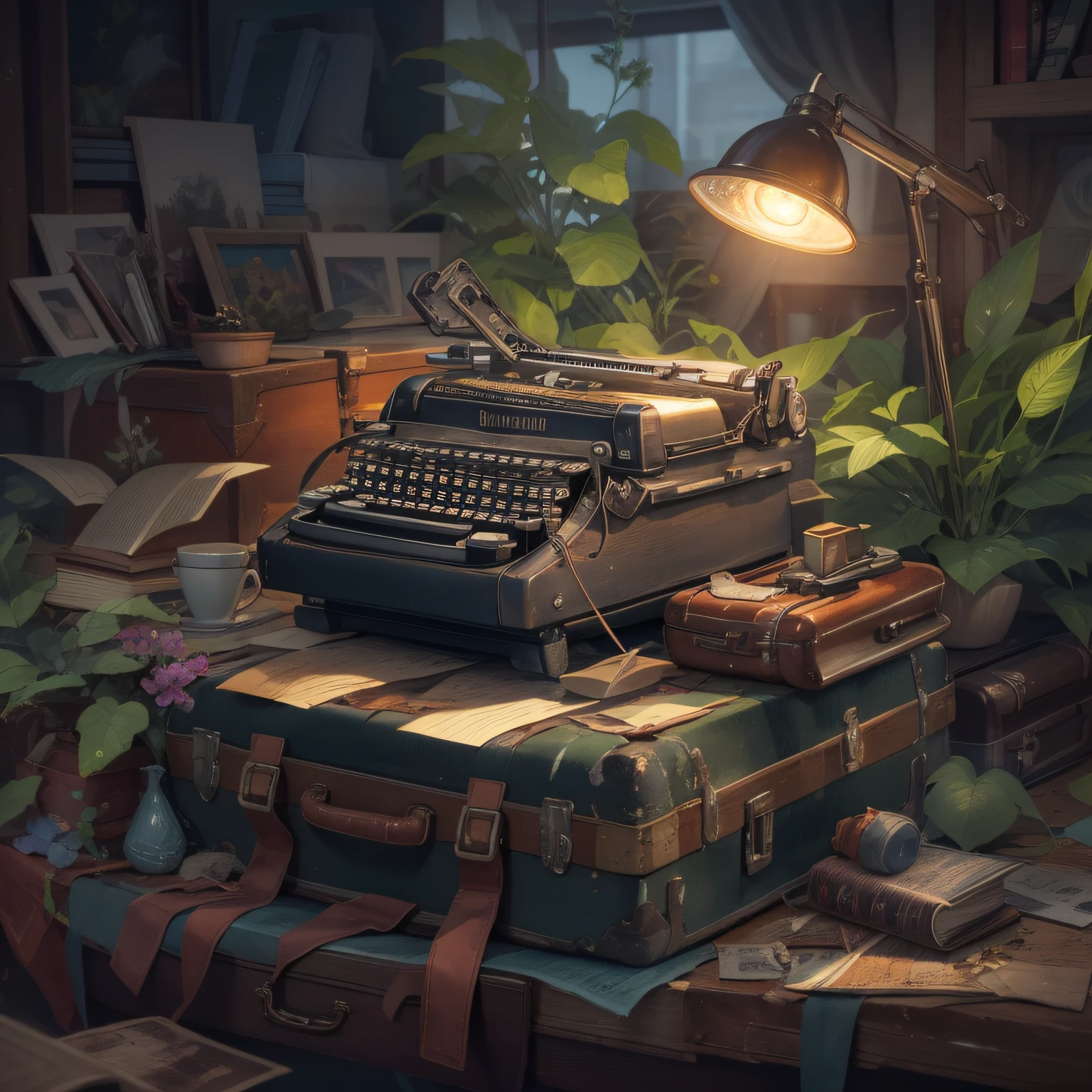 there is a typewriter that is sitting on top of a pile of luggage, stylized digital art paint, plantas ao redor, beautiful lighting,