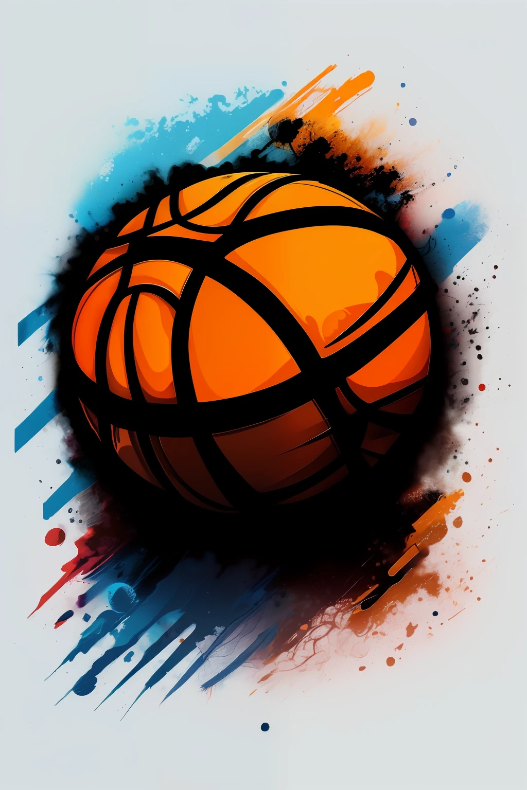 adesivo, foco nítido, detalhado, quadrinhos, grafite, graphic, blue amarelo laranja, bola basketball, fundo branco design para tshirt