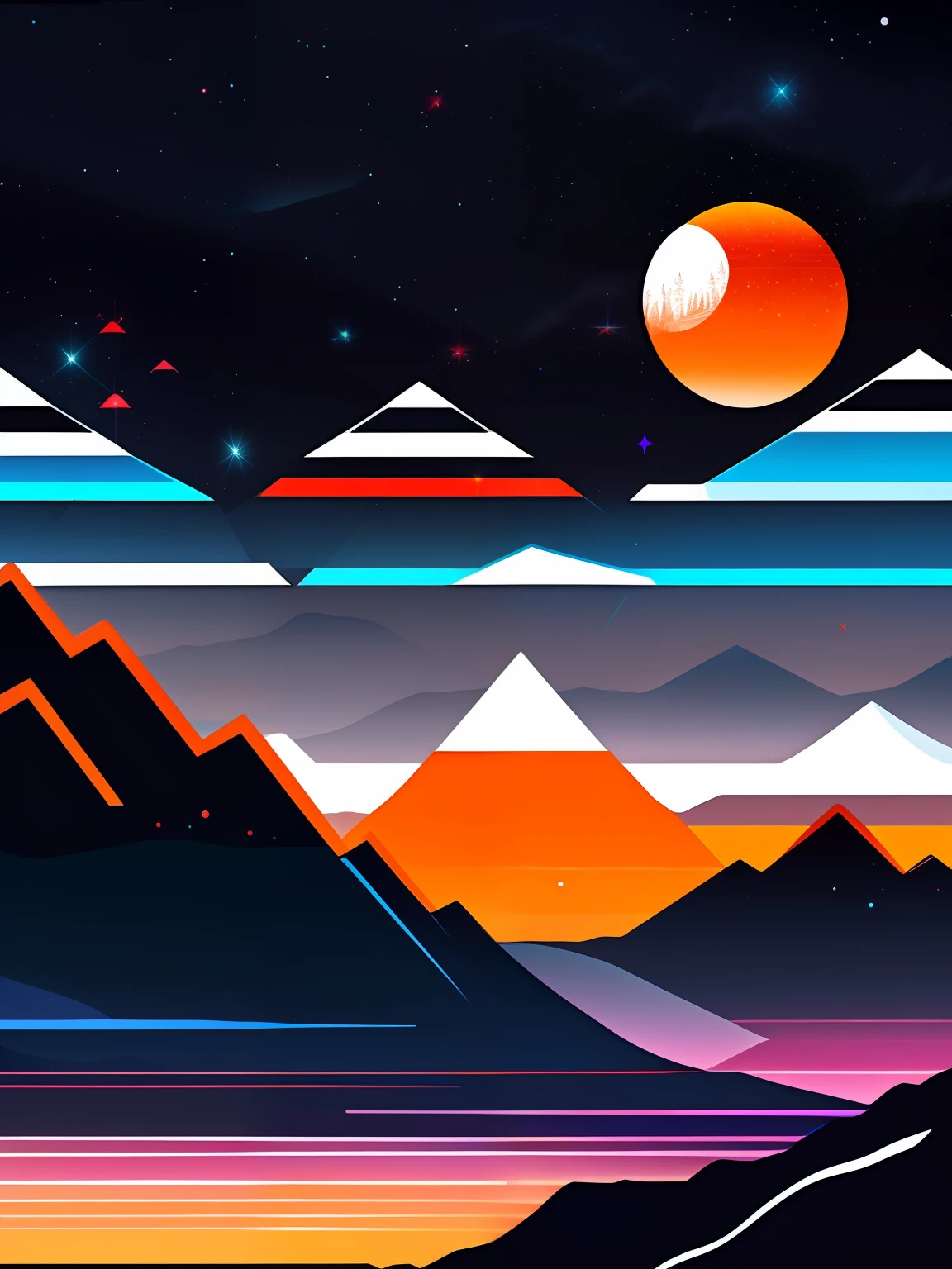 mountains, neve, vectorized, synthwave, white blue red orange, bright neon colors on a dark background, adesivo