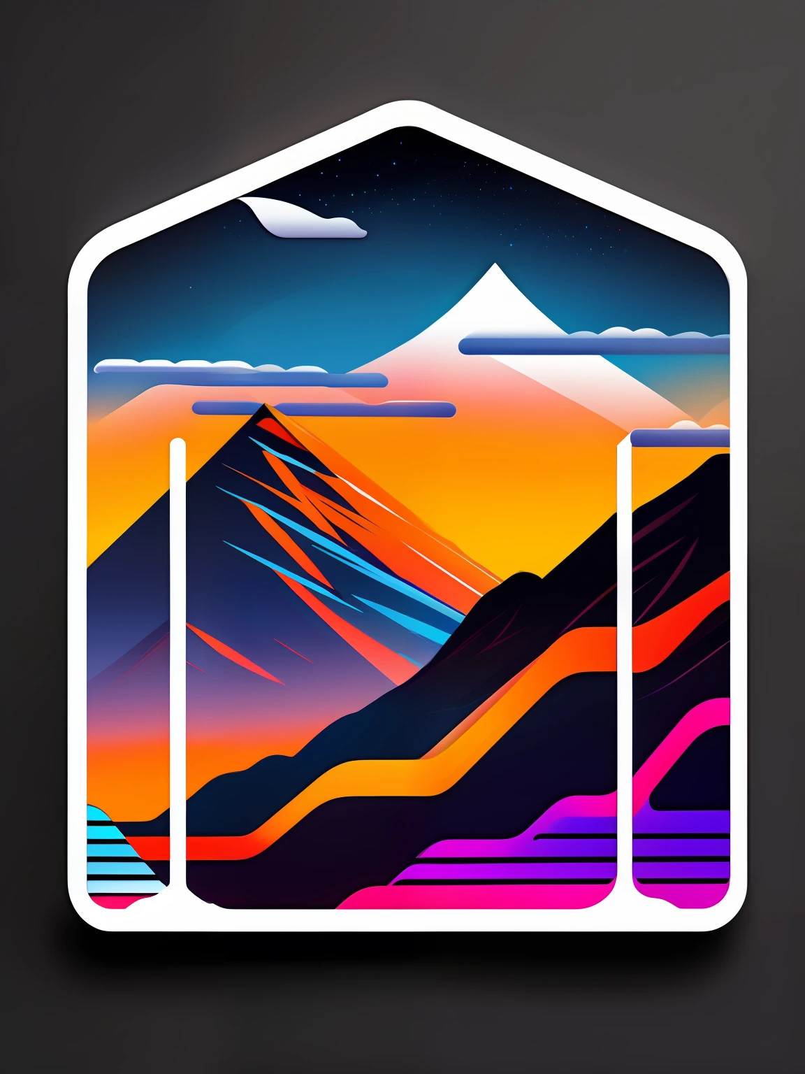 mountains, neve, vectorized, synthwave, white blue red orange, bright neon colors on a dark background, adesivo