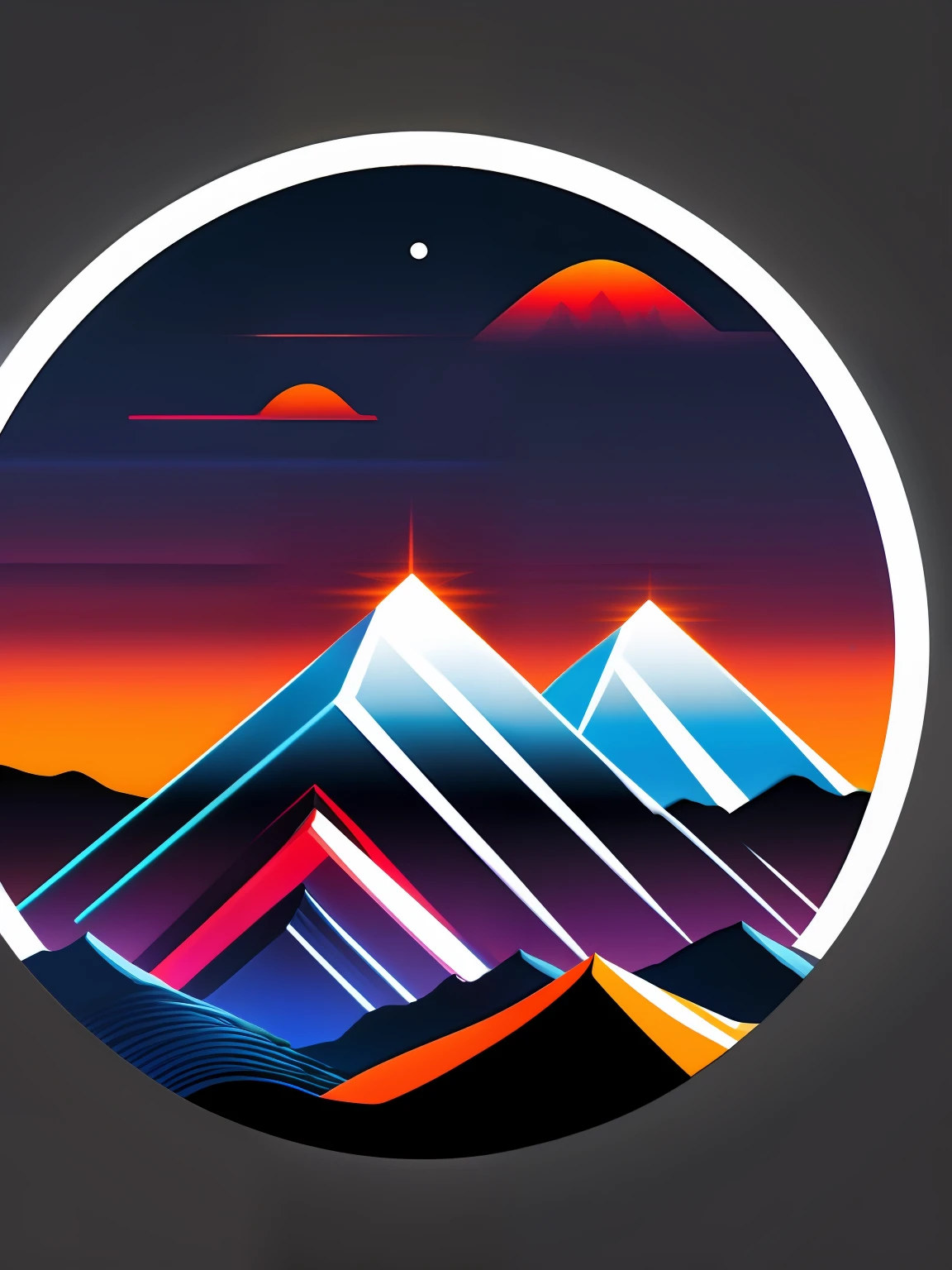 mountains, neve, vectorized, synthwave, white blue red orange, bright neon colors on a dark background, adesivo