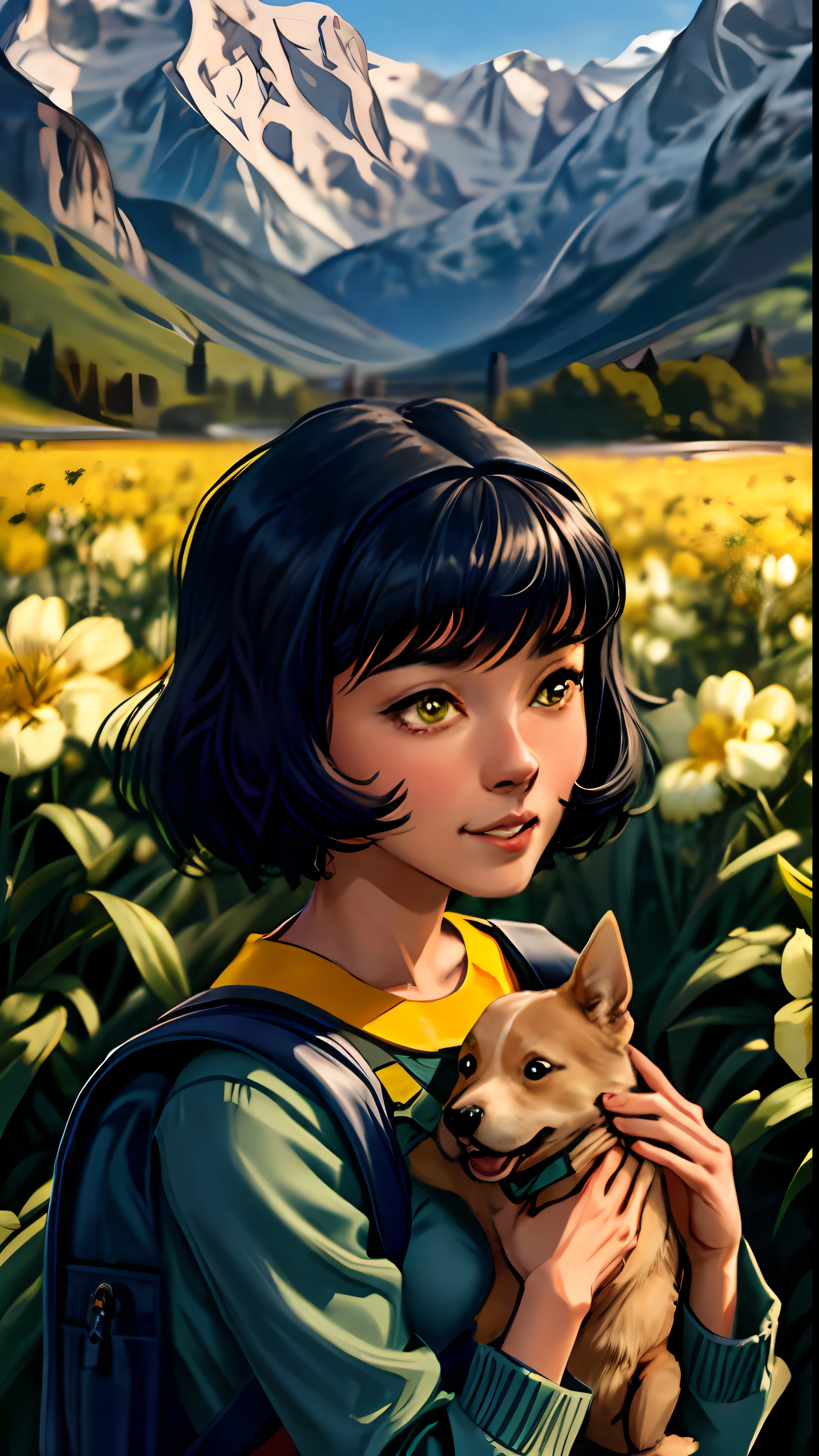 Tip: A very charming OpalTLOK with a backpack and her cute puppy enjoying a lovely spring outing surrounded by beautiful yellow flowers and nature. The illustration is a high-definition illustration in 4k resolution, featuring highly detailed facial features and cartoon-style visuals.