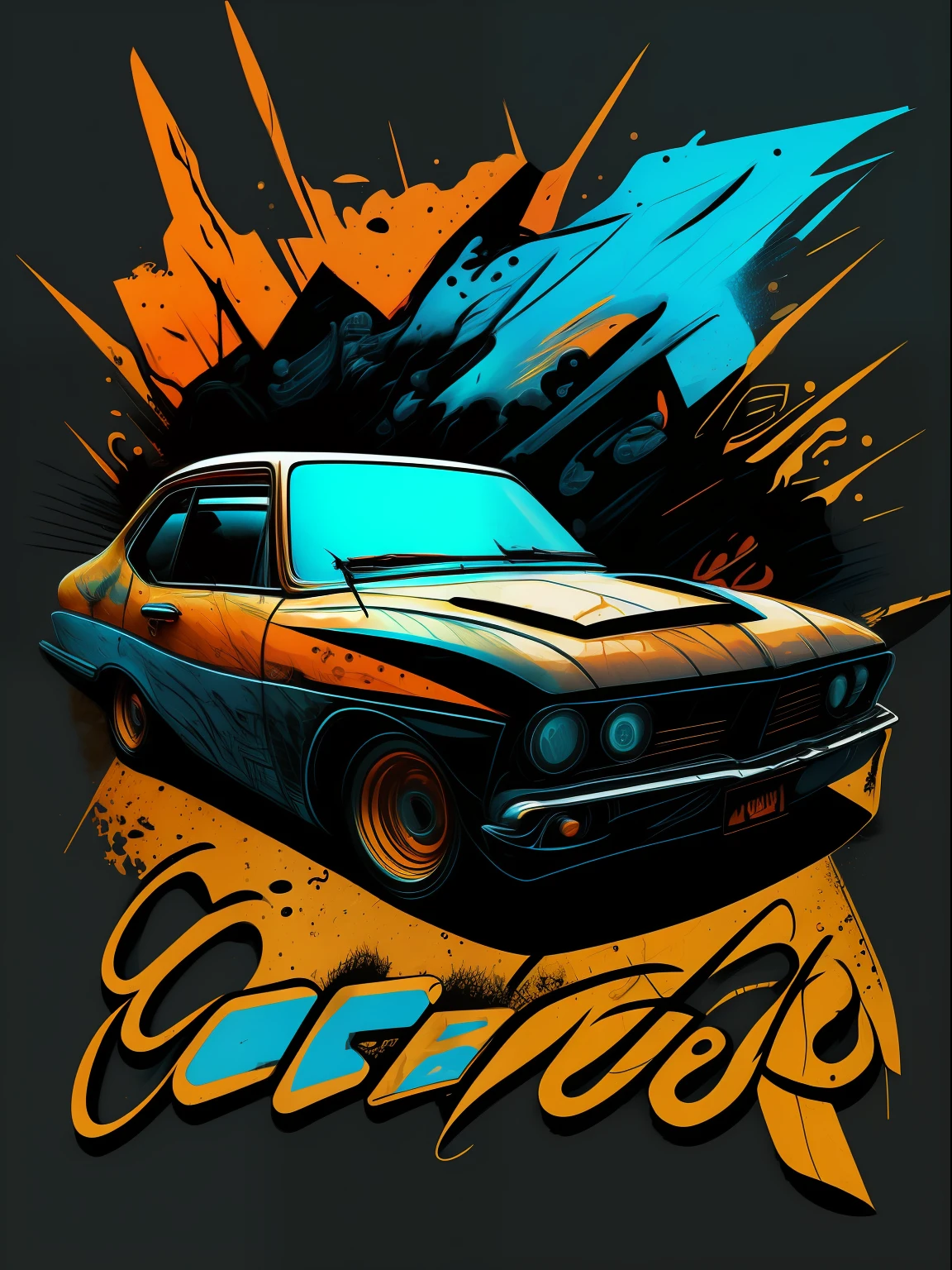 car, adesivo, foco nítido, detalhado, quadrinhos, grafite, graphic, blue amarelo laranja, fundo branco design para tshirt