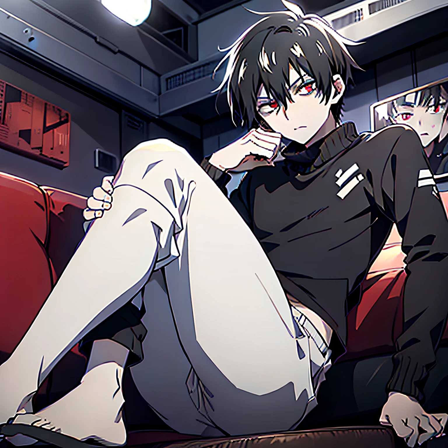 tired man,, 18 years old, black hair, light long black hair,, red eyes,, pale skin, black sweater, gray pants, on a couch, relaxing posture, 4k good anatomy