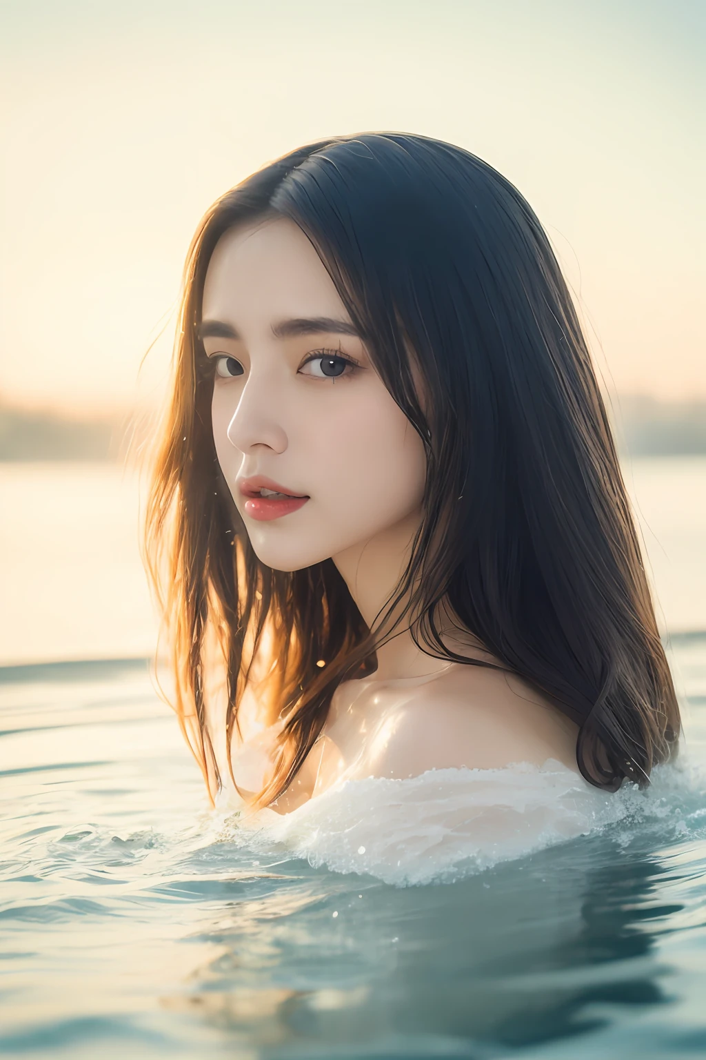 top-quality、masterpiece、super high resolution、Faithful photos、A Japanese Lady、Bathing, Look at viewers, bikini of, Arms up, Black hair, Thick eyebrows, Red Lip, eyeshadows、Wet clothes、Wet hair